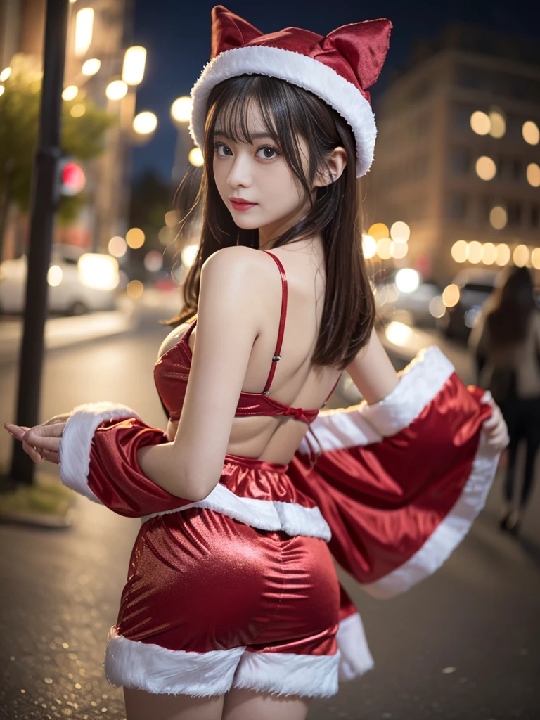 1girl in ,((santa costume)),tits out, wide open cleavage,(( Character Play)),((Street)) , natta、 (Black shortcuts),((looking to camera)), High resolution,Highly detailed, looking to camera,poseing, Stick your ass out、Angle from behind,ultra-detailed hair,ultra detailed beautiful face,Super detailed beautiful eyes,Ultra detailed arms,Ultra detailed hands,Ultra-detailed fingers,Ultra-precise and precise body,Accurate costumes,Glittering night view background,