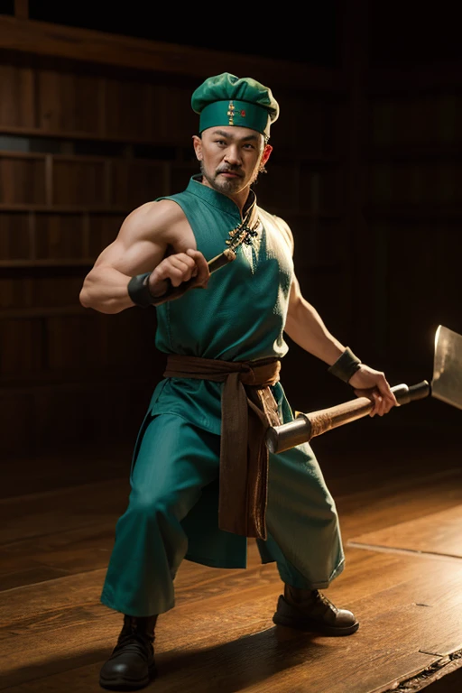 Kung fu chef wearing chef hat man with power holding shovel and pot alien 3d illustration