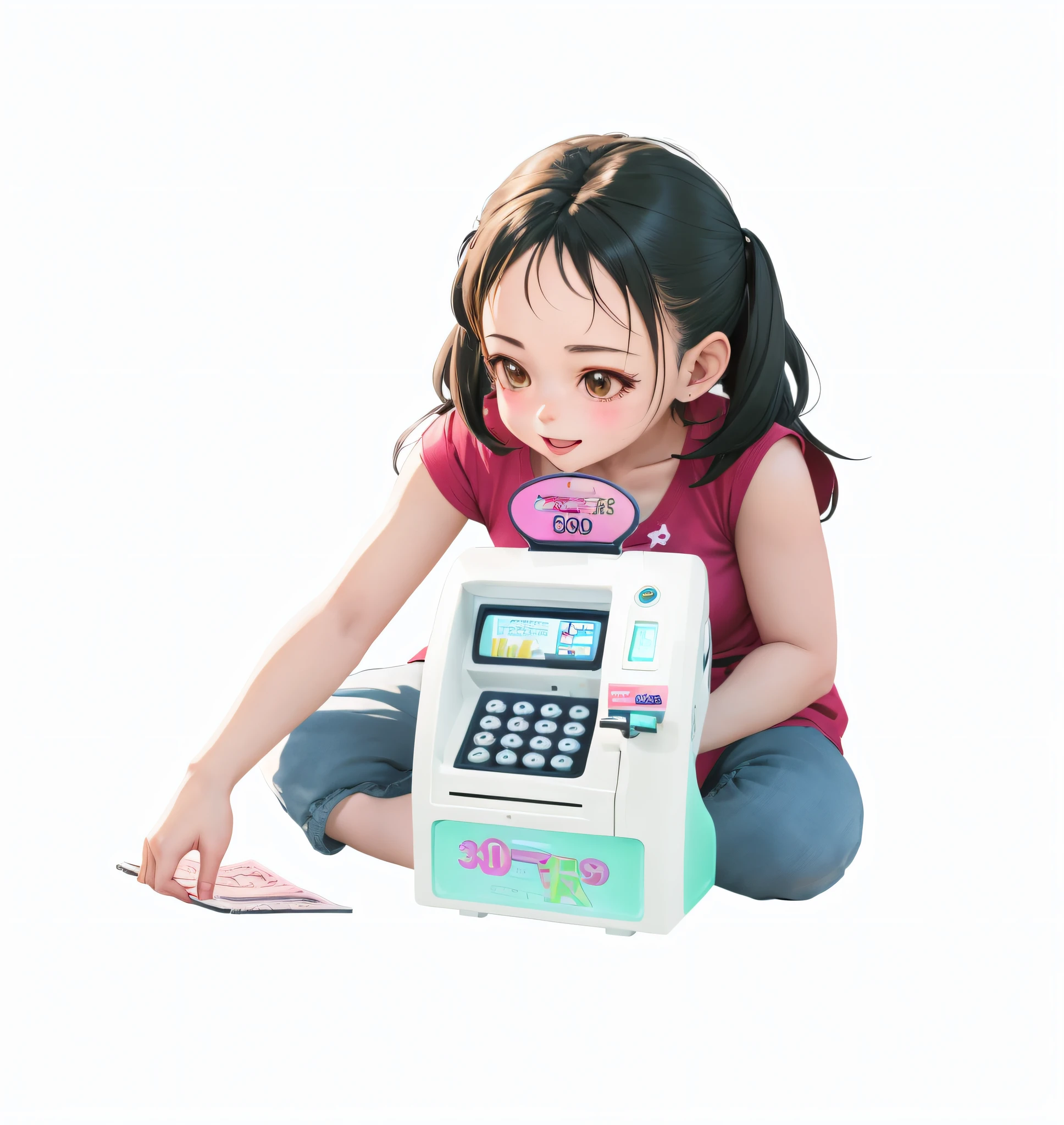 There is a girl sitting on the floor playing with a toy cash register,Rendering of a cute 3D anime girl, change, and 2K, Millennium bug, 2D illustration, 2D illustration, up of young anime girl, 2. 5D illustration, cash register