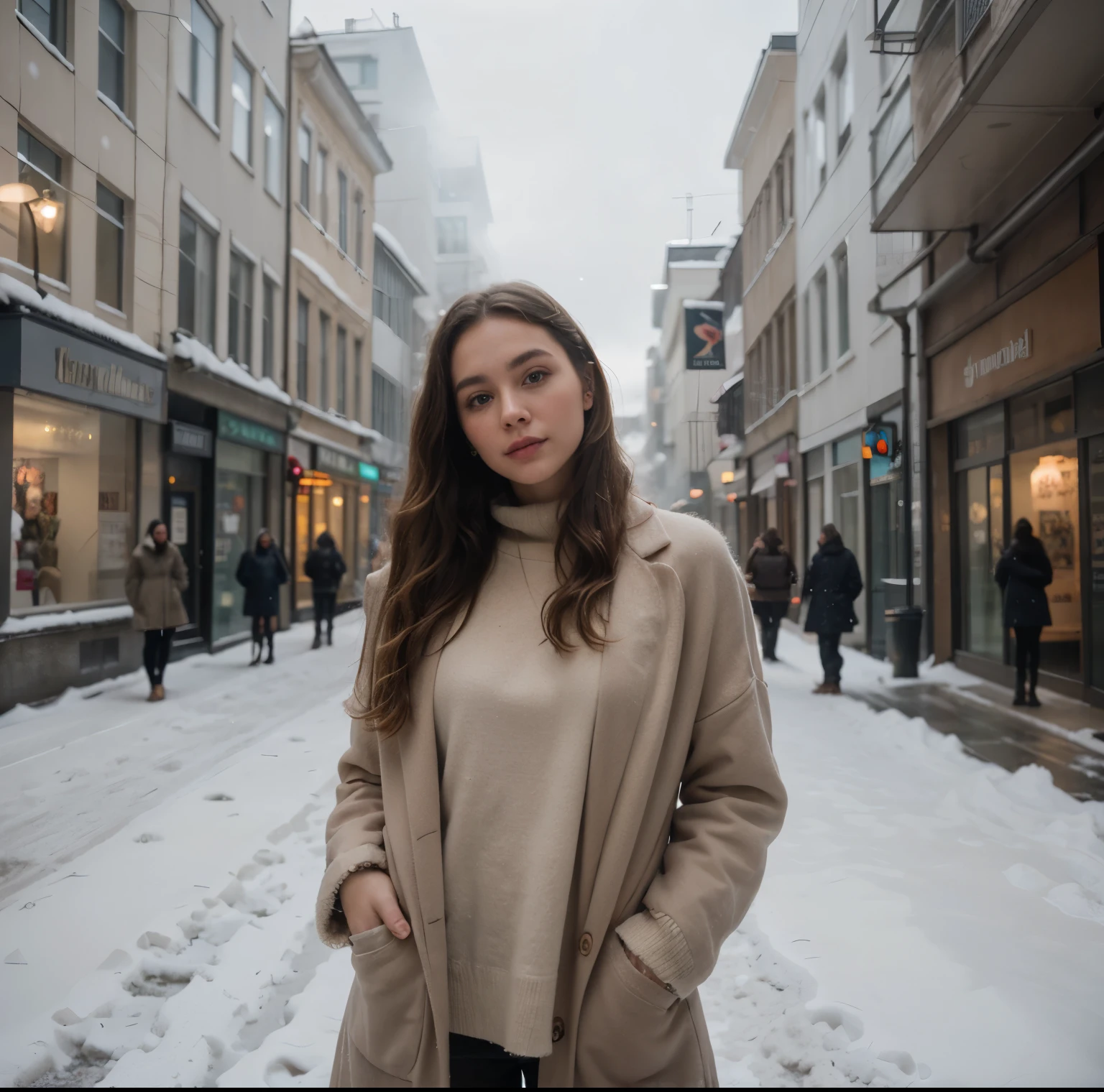 A man wearing winter clothes、Professional portrait photo of gorgeous norwegian girl with long curly blond hair, Sexy and sultry look, beautiful symmetrical face, Cute natural makeup, Wear elegant and warm winter fashion clothing, ((Standing on a snowy city street)), Stunning modern urban environment, surreal, concept art, elegant, Very detailed, complicated, sharp focus, depth of field, F/1. 8, 85 mm, medium shot, medium shot, (((Professional color correction))), Bright soft diffused light, (volumetric fog), Trending topics on Instagram, HD 4K, 8k