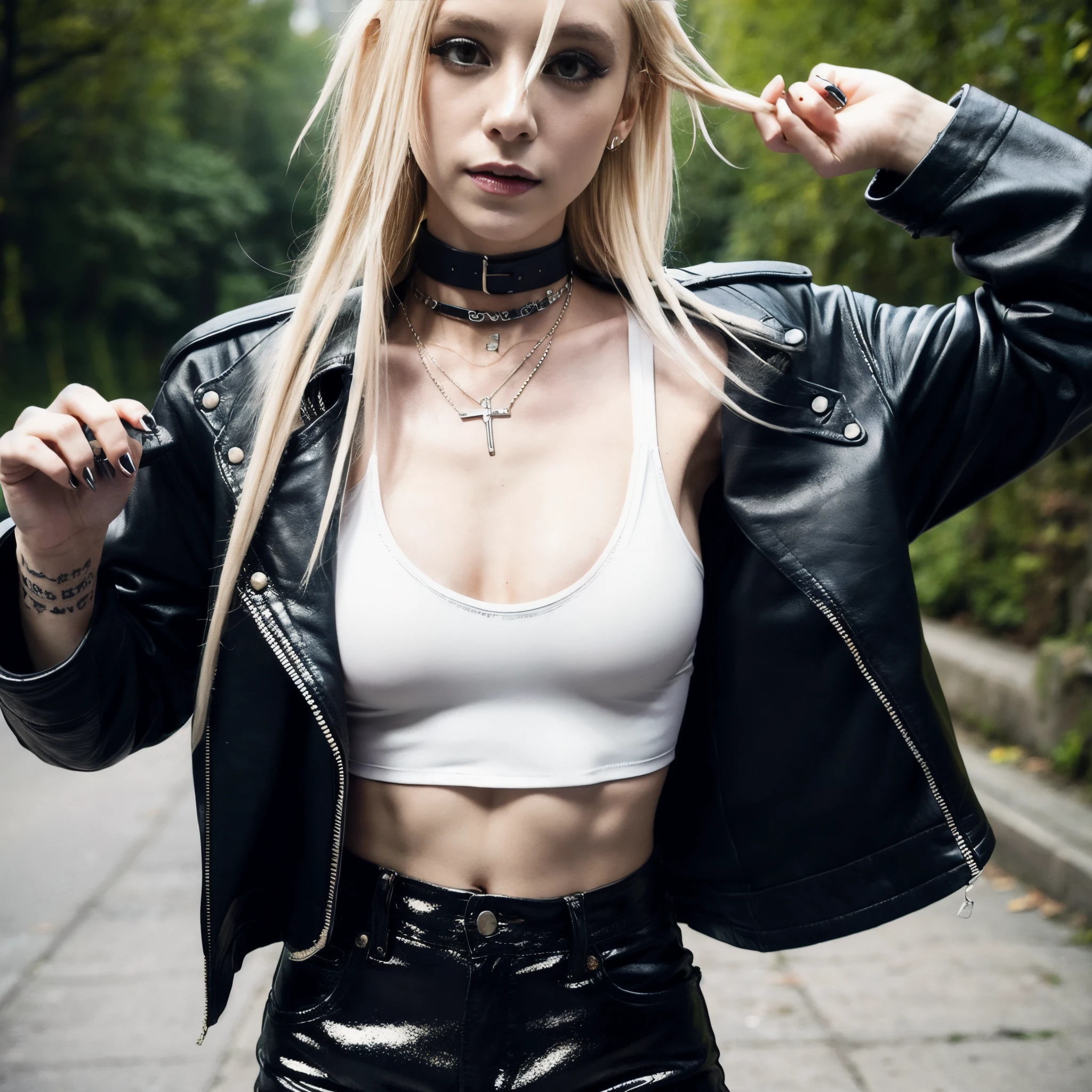 Blonde Young Drug Addict, Thin Dreadlocks, , Excited gaze, Pale, thin figure, Skinny, Medium-sized breasts, Choker, Leather Short Tapered Jacket Shiny, leather pants, thin white tight tank top, Lots of knives, good tits, Scars, lots of tattoos