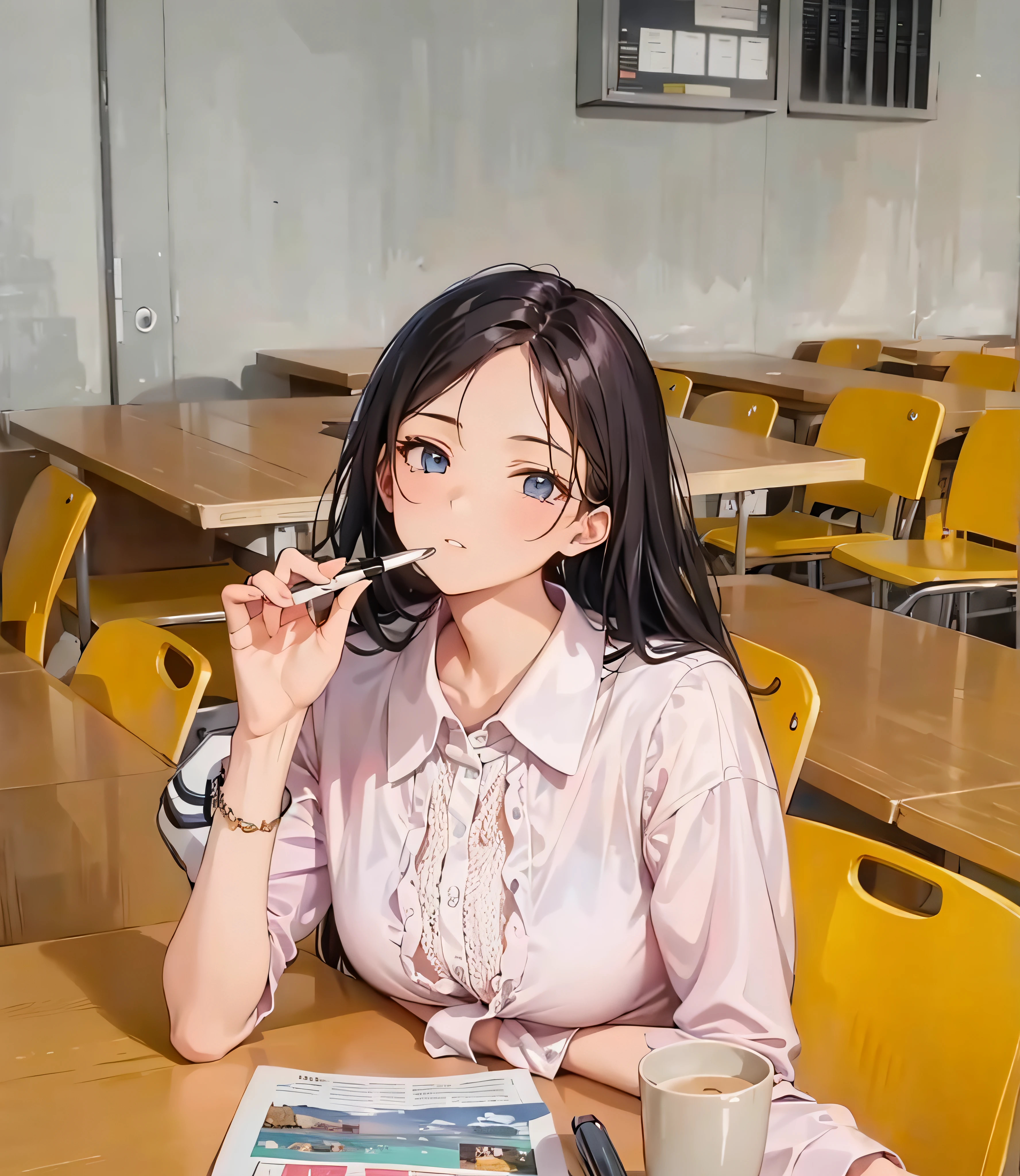 There is a girl sitting at the table,He had a pen in his hand ,