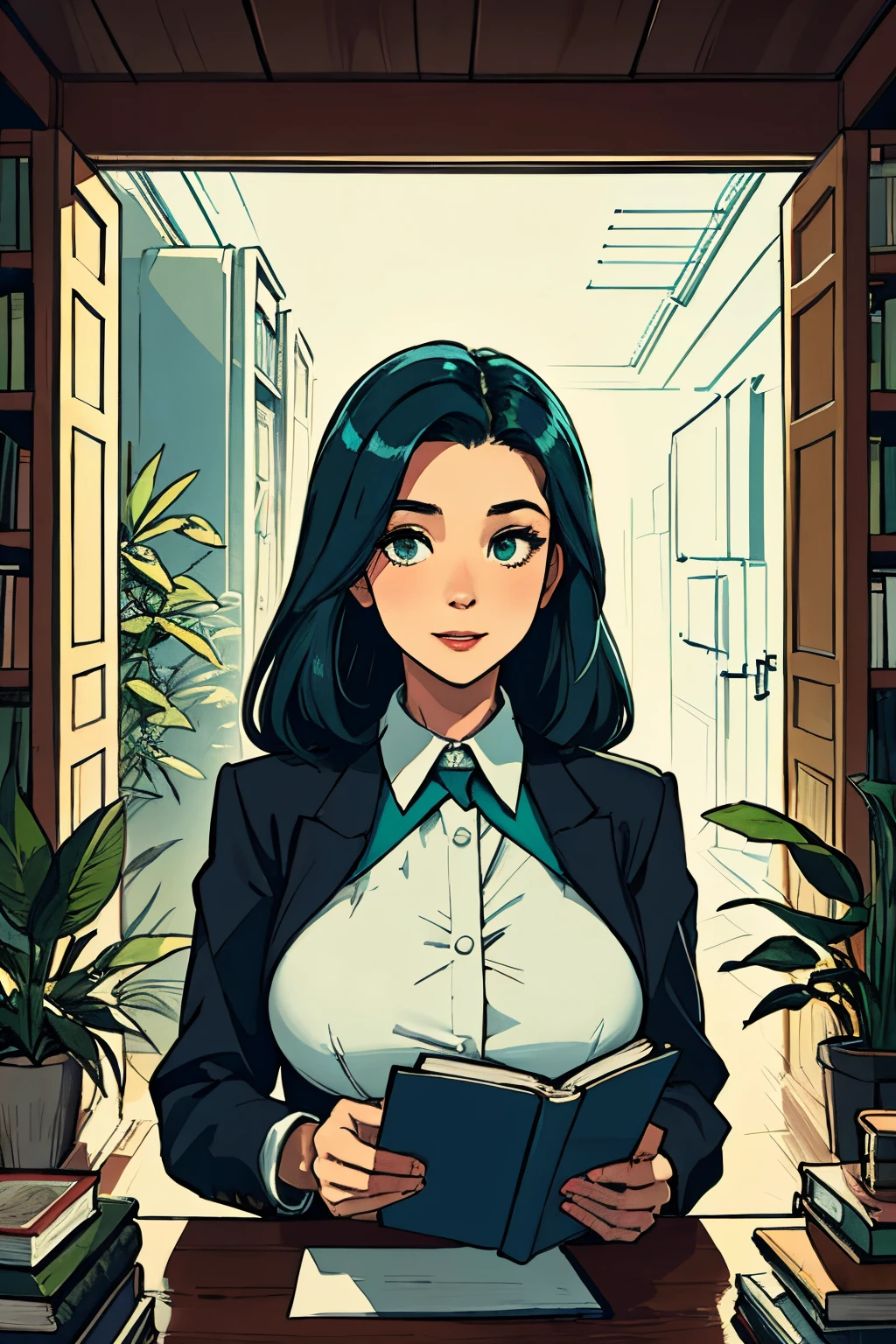 sunlight interior, imperial female librarian, female beautiful perfect, nipples, corporation corporative style, bright, futuristic, upper body, cloth blue-green-black, white sunlight interior library with plants beautiful futuristic, face detailed sweet cute perfect super detailed, soviet poster epic positive style, super detailed, masterpiece, hq, 4k, high detalisation, sexual positive fun, eyes happy shine, searching book books reading