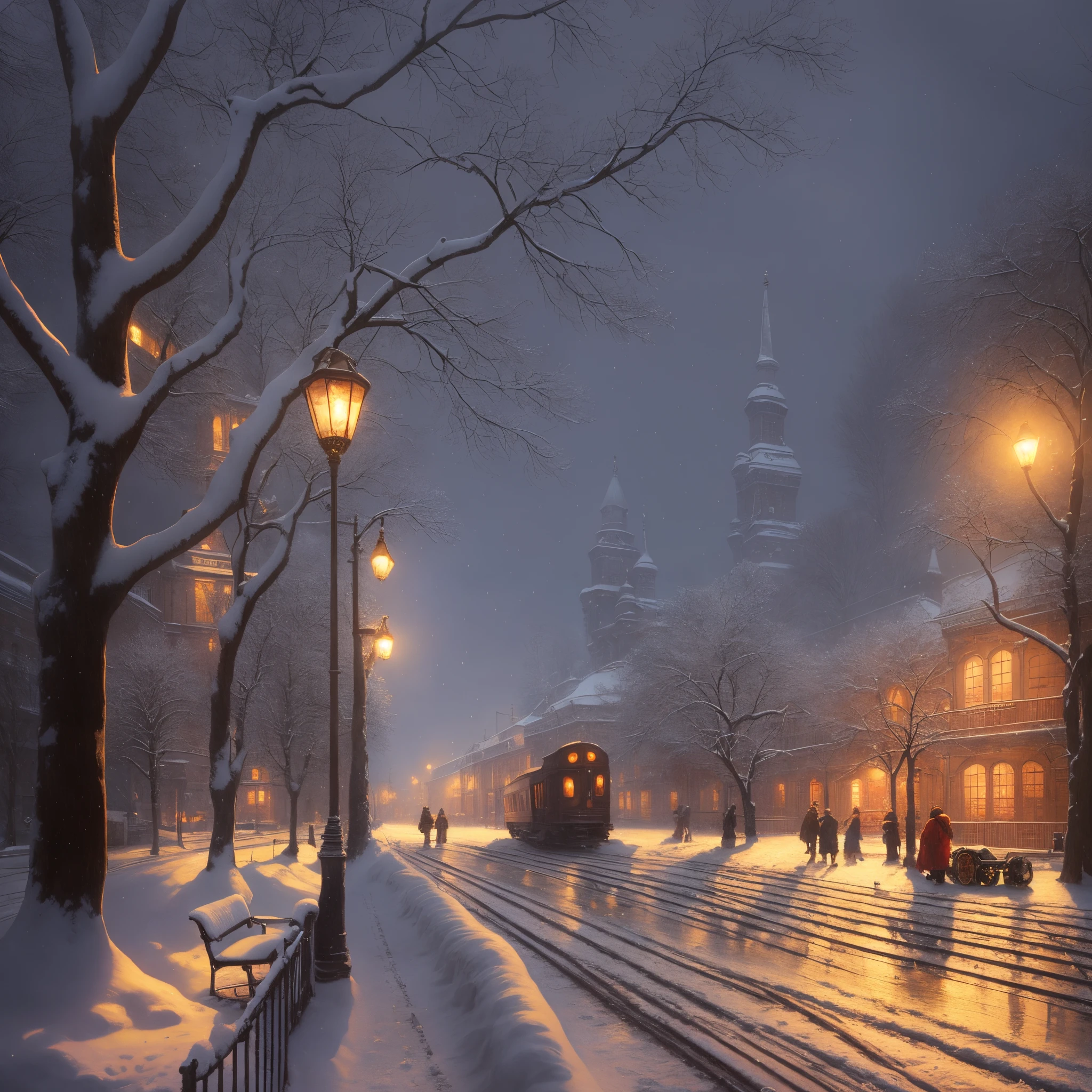 Snowy street scene with trolley and train, bussiere rutkowski andreas rocha, Bertalan Karlovsky, Andrey Gordeev, tomas kinkade, by Evgeny Lushpin, by Alexander Kucharsky, Inspired by Nikolai Makovsky, Grzegorz Rutkowski, tomas kinkade