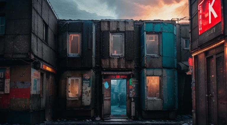 low angle, russianebenya, old panel houses, street, neon lights, cyberpunk, dark evening, movie still, 80mm lens, masterpiece, best quality, (film grain:1.1), ultra high res, RAW