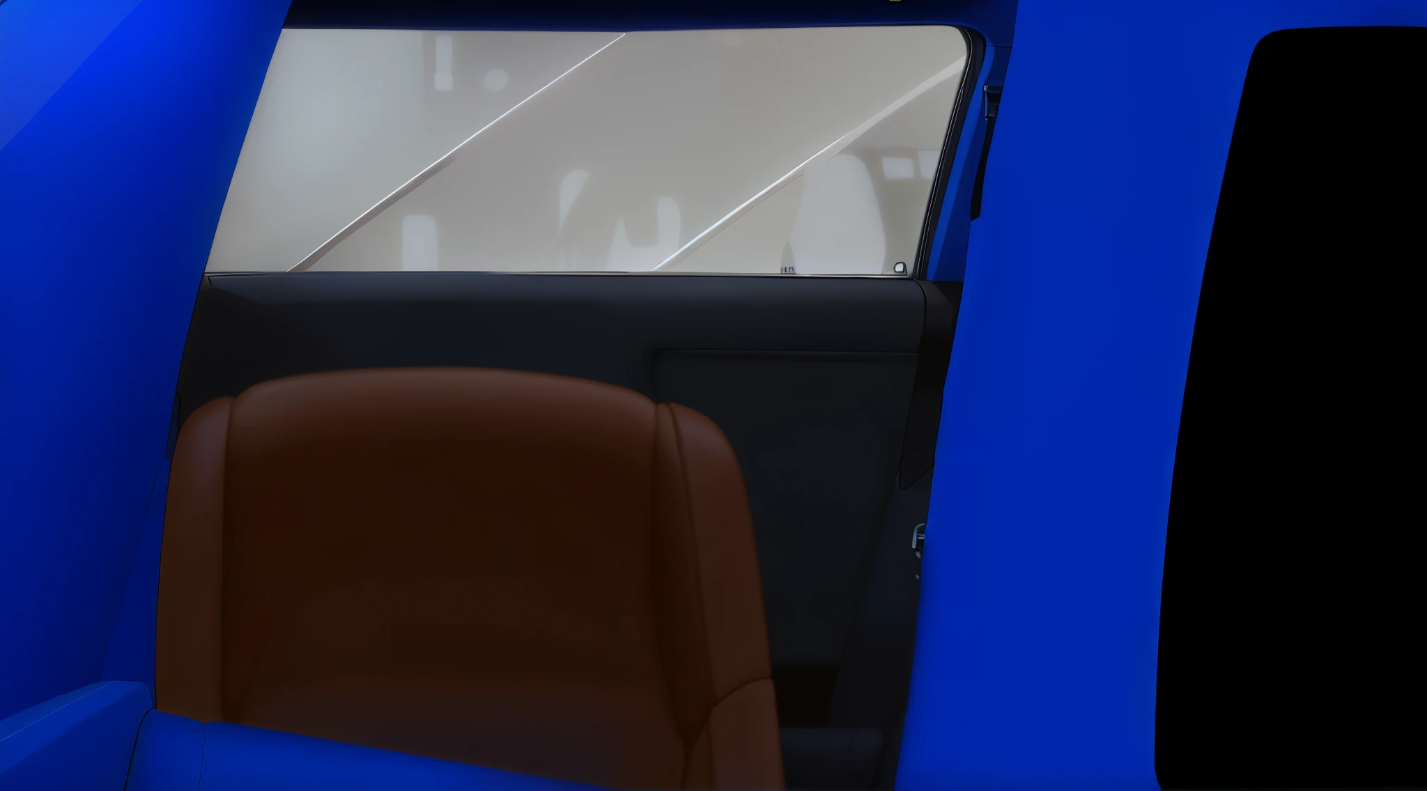 the picture in the car is taken from outside the car, brown car seats, leather seats, blue car, transparent glass, 4k anime, 4k anime background, 4k detailed, 4k anime, 4k anime background, 4k detailed,