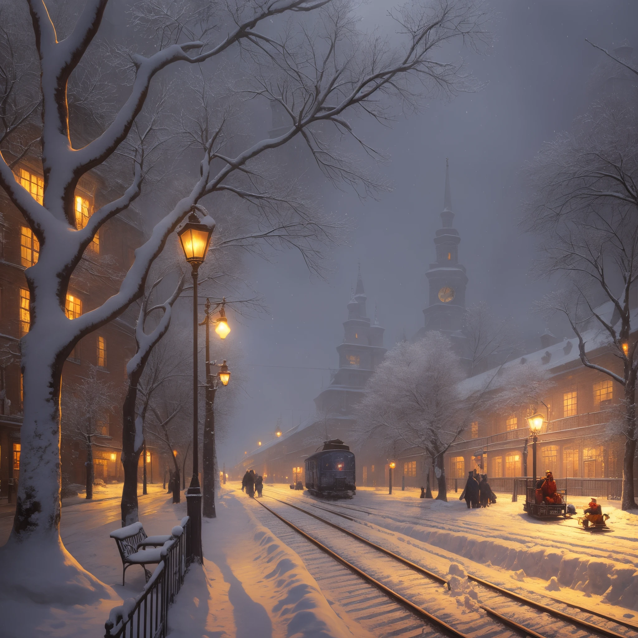 Snowy street scene with trolley and train, bussiere rutkowski andreas rocha, Bertalan Karlovsky, Andrey Gordeev, tomas kinkade, by Evgeny Lushpin, by Alexander Kucharsky, Inspired by Nikolai Makovsky, Grzegorz Rutkowski, tomas kinkade