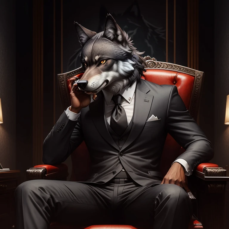 symmetric portrait, black Male wolf-headed (gray wolf) man in suit, sitting in a business manager chair