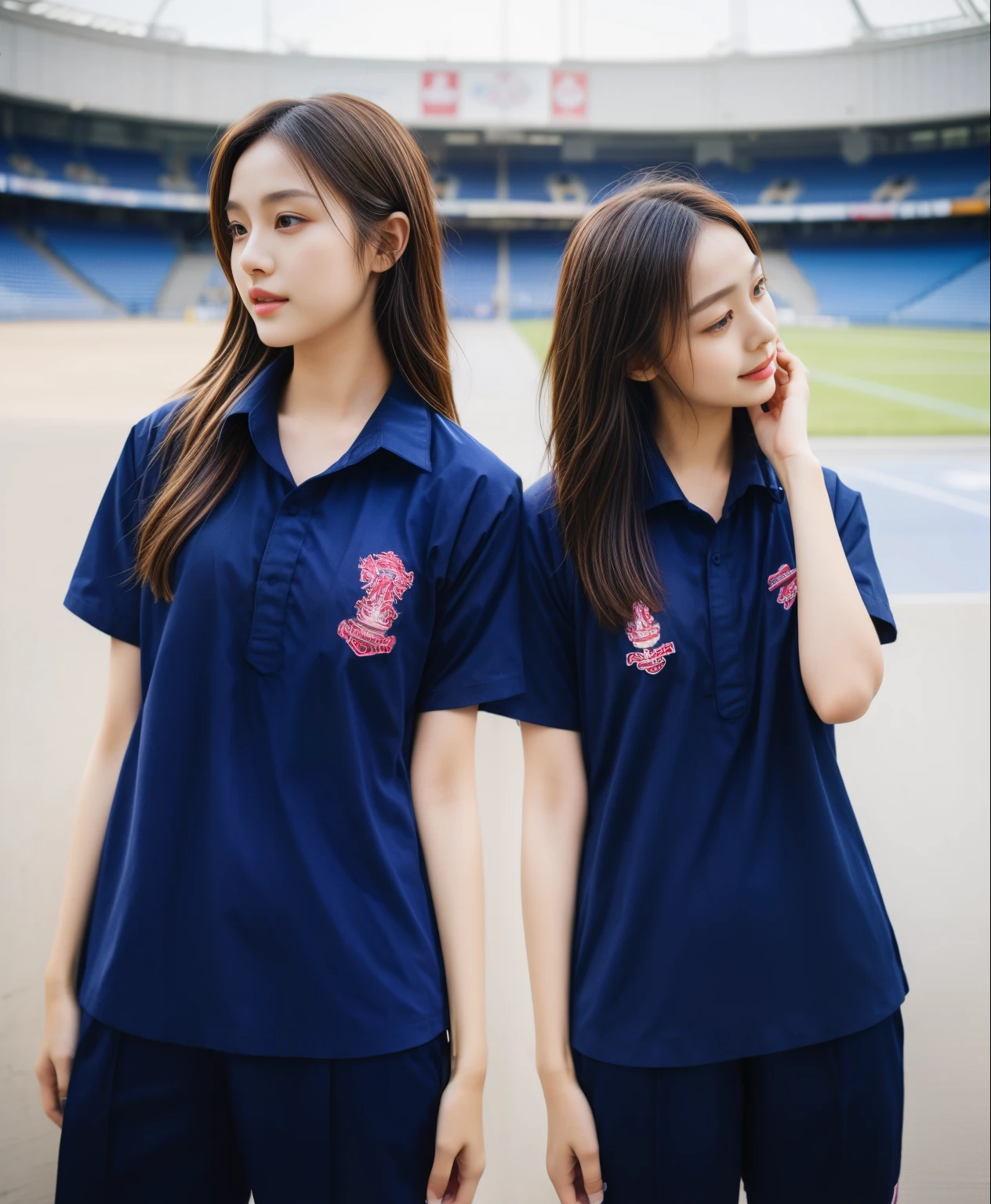 (bestquality,10,10,highres,masterpiece:1.2),ultra-detail,(Realistic,photorealistic portrait,photo-realistic:1.37),1 Cute girl in the football field,oily shiny skin,bara,light smile,BDclothelue shirt:1.3)),short sleeves,shirt, trousers.,(navy_long_Pants Track:1.1), ((Stadium Background:1.3)),dynamic angle,excited,face focus,Dynamic Poses,from behide,Ass Focus,masterpiece, bestquality, ultra realistic, hyper-detail, 8k resolution, RAW photo, crisp focus, ((Navy blue shirt:1.1)), short sleeves, Long Path, Perfect body, 2 mature women, 18yo, cinematic light,Blue sweatpants,Gymware,Correct anatomy,Complete body, Correct body, sharp face, Anatomically correct body, full entire body, Realistic gestures, long-haired, Realistic poses,Wear long shorts...................................,Long leg span,Shapely,Sculpting Girl, Slender Figure, mannequin mannequins, Shapely, Beautiful body,Blue sweatpants, Two girls kissing