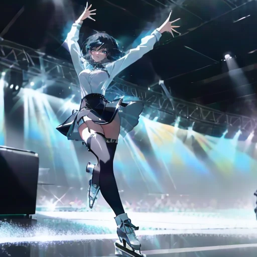 (Top resolution),1womanl,Anime,Black mini skirt,figure skating,Black stockings,Dancing on stage,icy