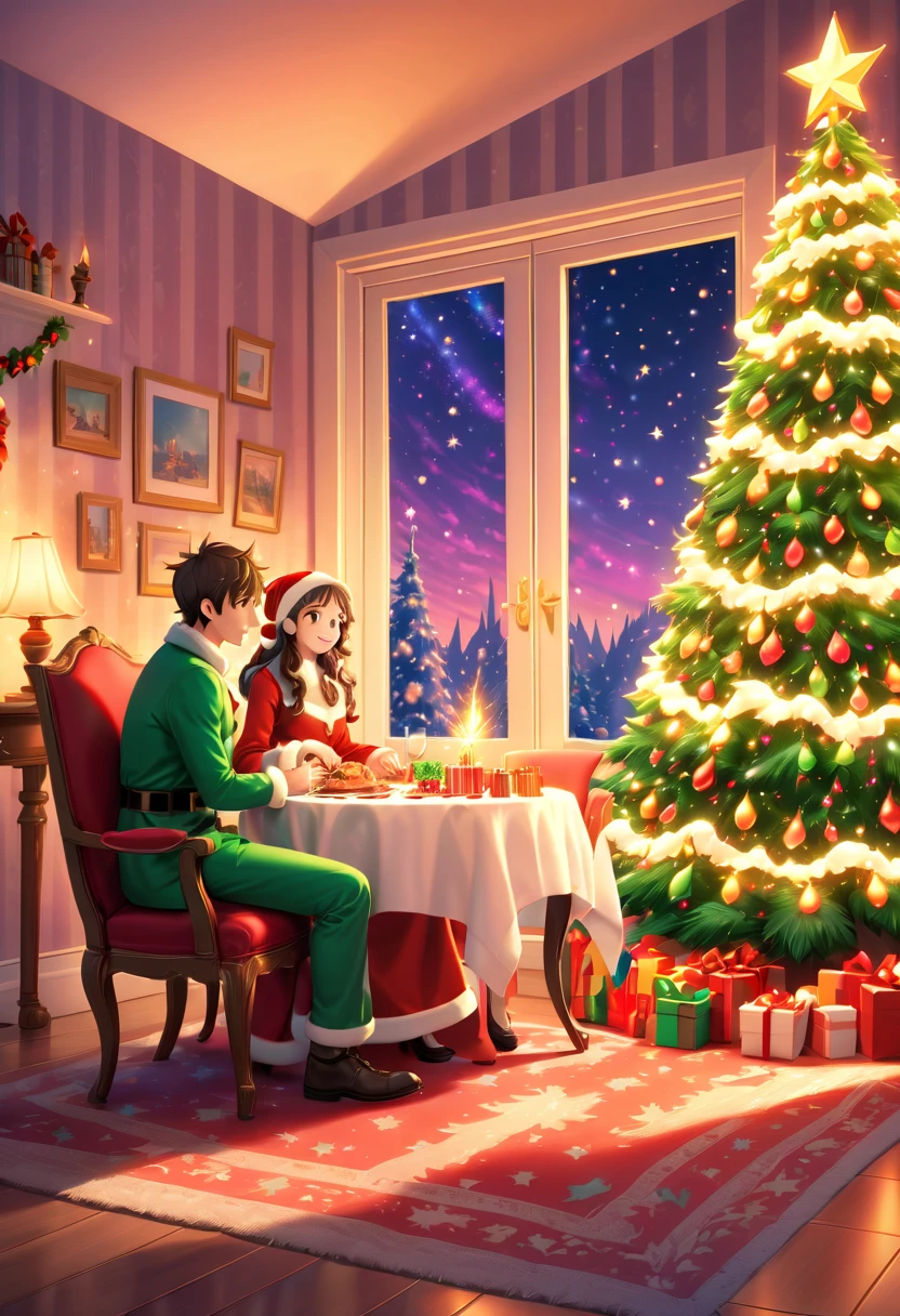(Best quality, 8K, A high resolution, tmasterpiece:1.2), ultra - detailed, (actual, realistically:1.37), Vibrant colors, Magical atmosphere, Whimsical, ((room full of stars,The stars shine)),((Vector illustration style)), The room is decorated with a strong Christmas atmosphere. A string of shining colored lights hangs on the wall, Christmas wreath and little snowman on the windowsill, In the corner of the room stands a beautifully decorated Christmas tree. On a table, There are beautiful cutlery and red plates. In the center of the table, Have a sumptuous Christmas feast, Next to it is a bottle of red wine and two exquisite wine glasses. (((A male and female couple wearing Christmas costumes cuddling together))), Smiling and looking at each other,Eyes full of happiness and warmth. There are several scented candles lit in the room, It exudes a faint fragrance. Warm fire burning in the fireplace, Brings warmth and comfort to the entire room, Surreal, Psychedelic, Complicated details, Beautiful texture, Ethereal, like a dream, Soft glowing light, Charming Patterns, Fantasy creatures, Hidden surprises, dreamlike landscapes, Surreal color palette, Mystic aura, hyper realisitc, Enchanting journey, psychedelic trip, vivid imagination, immersive experience, Mysterious Christmas, otherworldly charm, glowing paths, Light up a magical Christmas, surreal sky, Whimsical themed festivals, a magical encounter, Fascinating artwork,(Ghibli-style colors, first person perspective, hyper HD, tmasterpiece, acurate, Anatomically correct, ctextured skin, super detailing, high detal, high qulity, Award-Awarded, Best quality at best, 8K)