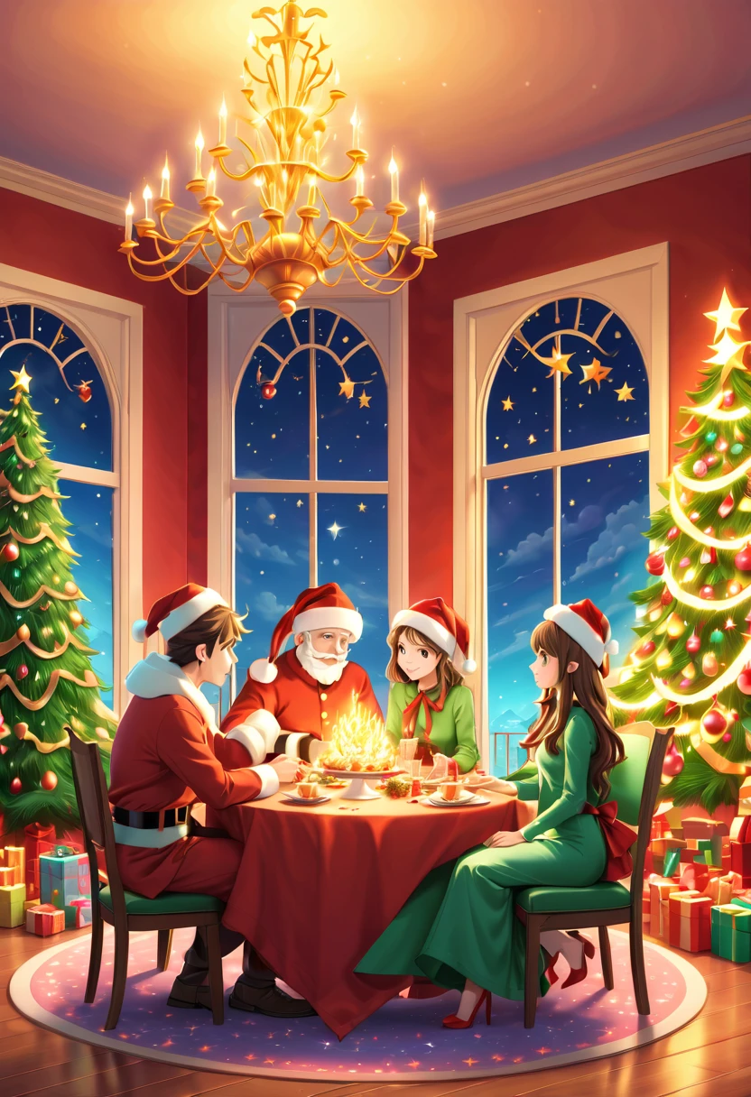 (Best quality, 8K, A high resolution, tmasterpiece:1.2), ultra - detailed, (actual, realistically:1.37), Vibrant colors, Magical atmosphere, Whimsical, ((room full of stars，The stars shine))，((Vector illustration style)), The room is decorated with a strong Christmas atmosphere. A string of shining colored lights hangs on the wall, Christmas wreath and little snowman on the windowsill, In the corner of the room stands a beautifully decorated Christmas tree. On a table, There are beautiful cutlery and red plates. In the center of the table, Have a sumptuous Christmas feast, Next to it is a bottle of red wine and two exquisite wine glasses. (((A male and female couple wearing Christmas costumes cuddling together))), Smiling and looking at each other，Eyes full of happiness and warmth. There are several scented candles lit in the room, It exudes a faint fragrance. Warm fire burning in the fireplace, Brings warmth and comfort to the entire room, Surreal, Psychedelic, Complicated details, Beautiful texture, Ethereal, like a dream, Soft glowing light, Charming Patterns, Fantasy creatures, Hidden surprises, dreamlike landscapes, Surreal color palette, Mystic aura, hyper realisitc, Enchanting journey, psychedelic trip, vivid imagination, immersive experience, Mysterious Christmas, otherworldly charm, glowing paths, Light up a magical Christmas, surreal sky, Whimsical themed festivals, a magical encounter, Fascinating artwork，(Ghibli-style colors, first person perspective, hyper HD, tmasterpiece, acurate, Anatomically correct, ctextured skin, super detailing, high detal, high qulity, Award-Awarded, Best quality at best, 8K)