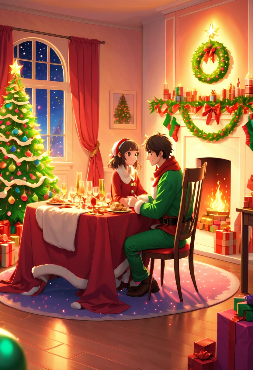 (Best quality, 8K, A high resolution, tmasterpiece:1.2), ultra - detailed, (actual, realistically:1.37), Vibrant colors, Magical atmosphere, Whimsical, ((room full of stars，The stars shine))，((Vector illustration style)), The room is decorated with a strong Christmas atmosphere. A string of shining colored lights hangs on the wall, Christmas wreath and little snowman on the windowsill, In the corner of the room stands a beautifully decorated Christmas tree. On a table, There are beautiful cutlery and red plates. In the center of the table, Have a sumptuous Christmas feast, Next to it is a bottle of red wine and two exquisite wine glasses. (((A male and female couple wearing Christmas costumes cuddling together))), Smiling and looking at each other，Eyes full of happiness and warmth. There are several scented candles lit in the room, It exudes a faint fragrance. Warm fire burning in the fireplace, Brings warmth and comfort to the entire room, Surreal, Psychedelic, Complicated details, Beautiful texture, Ethereal, like a dream, Soft glowing light, Charming Patterns, Fantasy creatures, Hidden surprises, dreamlike landscapes, Surreal color palette, Mystic aura, hyper realisitc, Enchanting journey, psychedelic trip, vivid imagination, immersive experience, Mysterious Christmas, otherworldly charm, glowing paths, Light up a magical Christmas, surreal sky, Whimsical themed festivals, a magical encounter, Fascinating artwork，(Ghibli-style colors, first person perspective, hyper HD, tmasterpiece, acurate, Anatomically correct, ctextured skin, super detailing, high detal, high qulity, Award-Awarded, Best quality at best, 8K)
