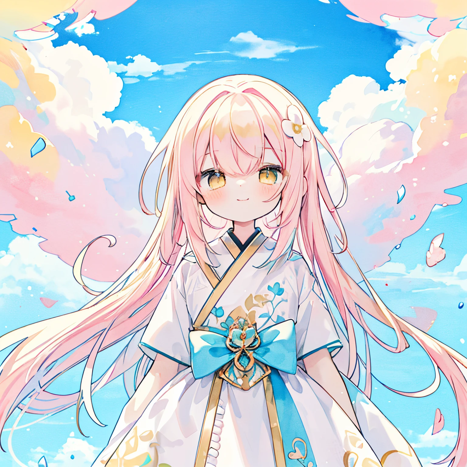 Transparent watercolor、girl with、Jewel Eyes,Beautiful arrangements and motifs、Originality、great depth of field、cloud-like clothes、Mokumoku、PastelColors、kawaii、Skysky、Skysky、blue-sky、clouds、gentle pose、Ladylike atmosphere、Skysky、calm、Pastel clouds、Yellow hair、Yellow clouds、Gradient pink、beautiful clouds、brightly colored clouds、Yellow eyes、long、Happiness、Cute smile、(PastelColors:1.0)、Cute illustration、Best appearance、A cute costume with a cloud costume motif.、a very cute、cloud motif costume、blue accent