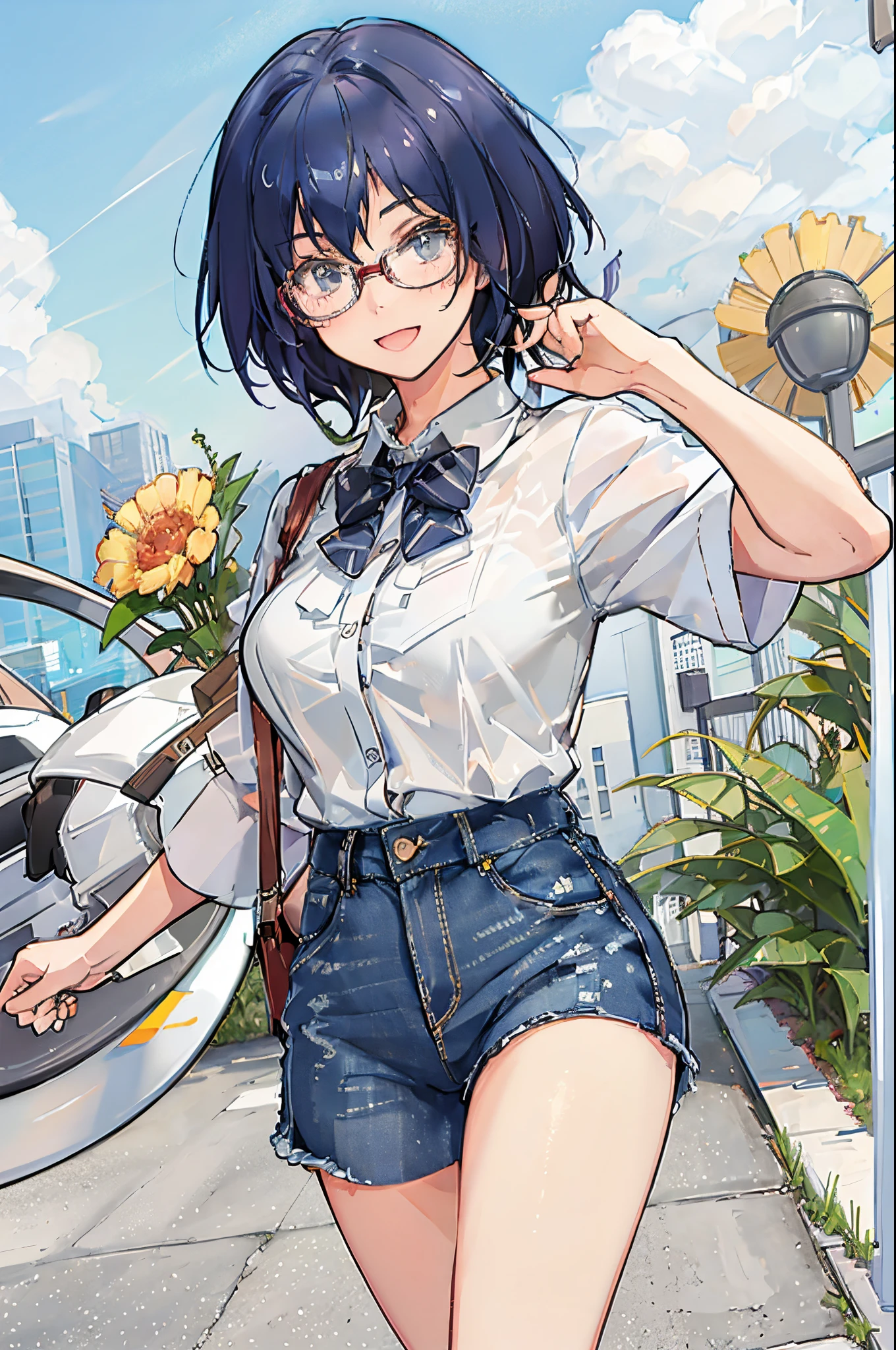 michirutojo, white shirt, collared shirt, short sleeves, looking at viewer, denim shorts, glasses, smile, wink, open mouth, blush