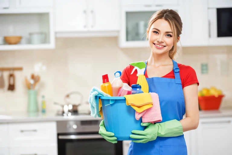 An Arafat woman in a blue apron holds a bucket of cleaning products, smooth clean surfaces, cleaning the future, Cleanliness and tidiness, domestic, puro, Light, a happy;, outstanding detail, maiden, Clear, Smooth, Clean Line Art, cleanest image, Clean Environment, clean, The Magnificent Maiden, promotional photo, untouched and pure, pristine clean design, very clean, wearing a apron, sweet woman