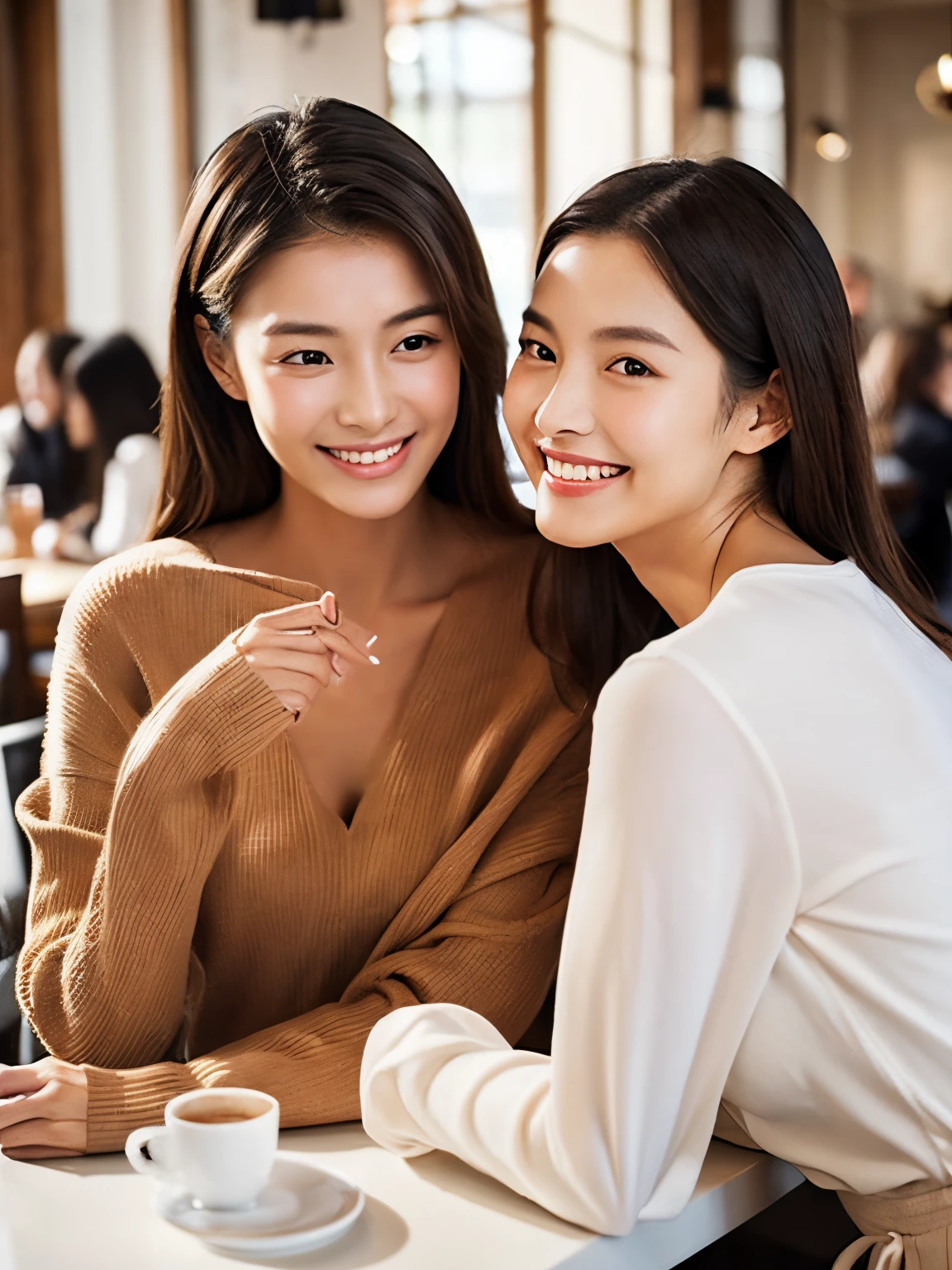 Women with beautiful skin Being in a café Makeup is light clean Long-sleeved clothing two womens age 30s Photorealistic skin I don't know what AI is Close to human Glossy skin fine texture moisturized skin with round face Smiling