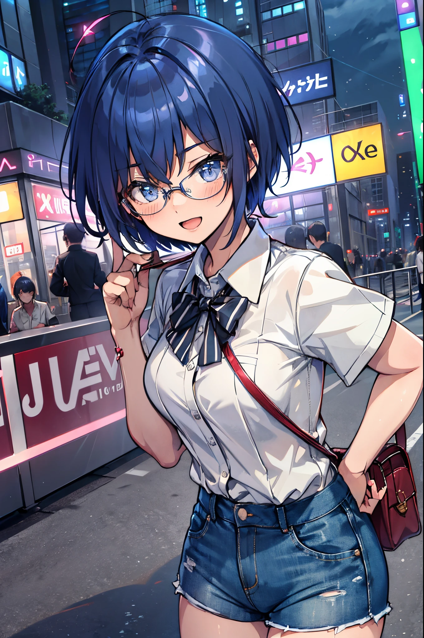 michirutojo, white shirt, collared shirt, short sleeves, looking at viewer, denim shorts, glasses, smile, wink, open mouth, blush