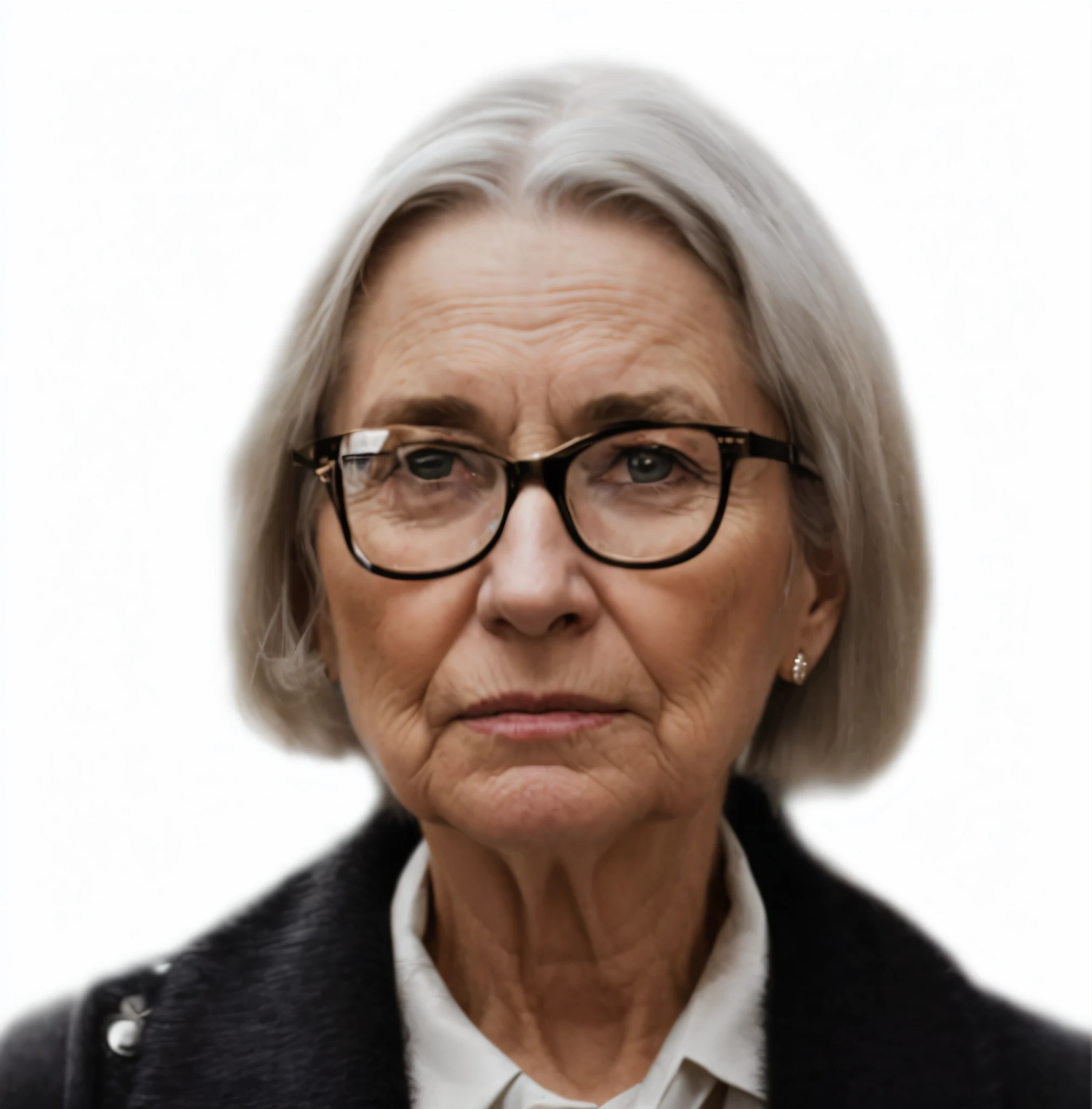 eine Nahaufnahme einer Frau mit Brille und Jacke, white-haired lady, Renata Glasc, magdalena radziej, Alexandra Waliszewska, front portrait, NFT Portrait, daniela uhlig, the appearance of an older person, strenger Blick, Moleksandra Schtschaslywa, Maia Sandu Hyperrealistisch, high quality portrait