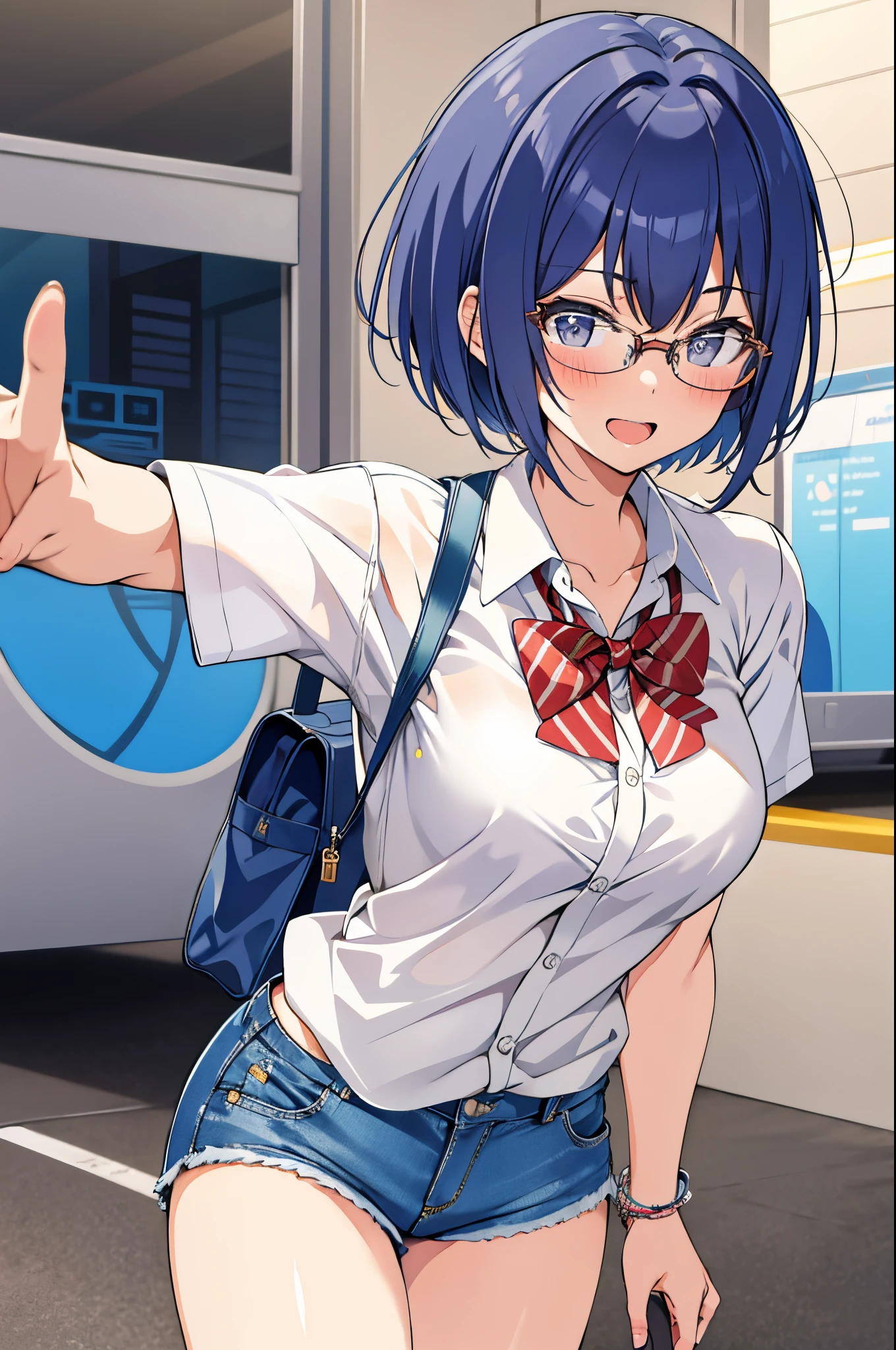 michirutojo, white shirt, collared shirt, short sleeves, looking at viewer, denim shorts, glasses, smile, wink, open mouth, blush