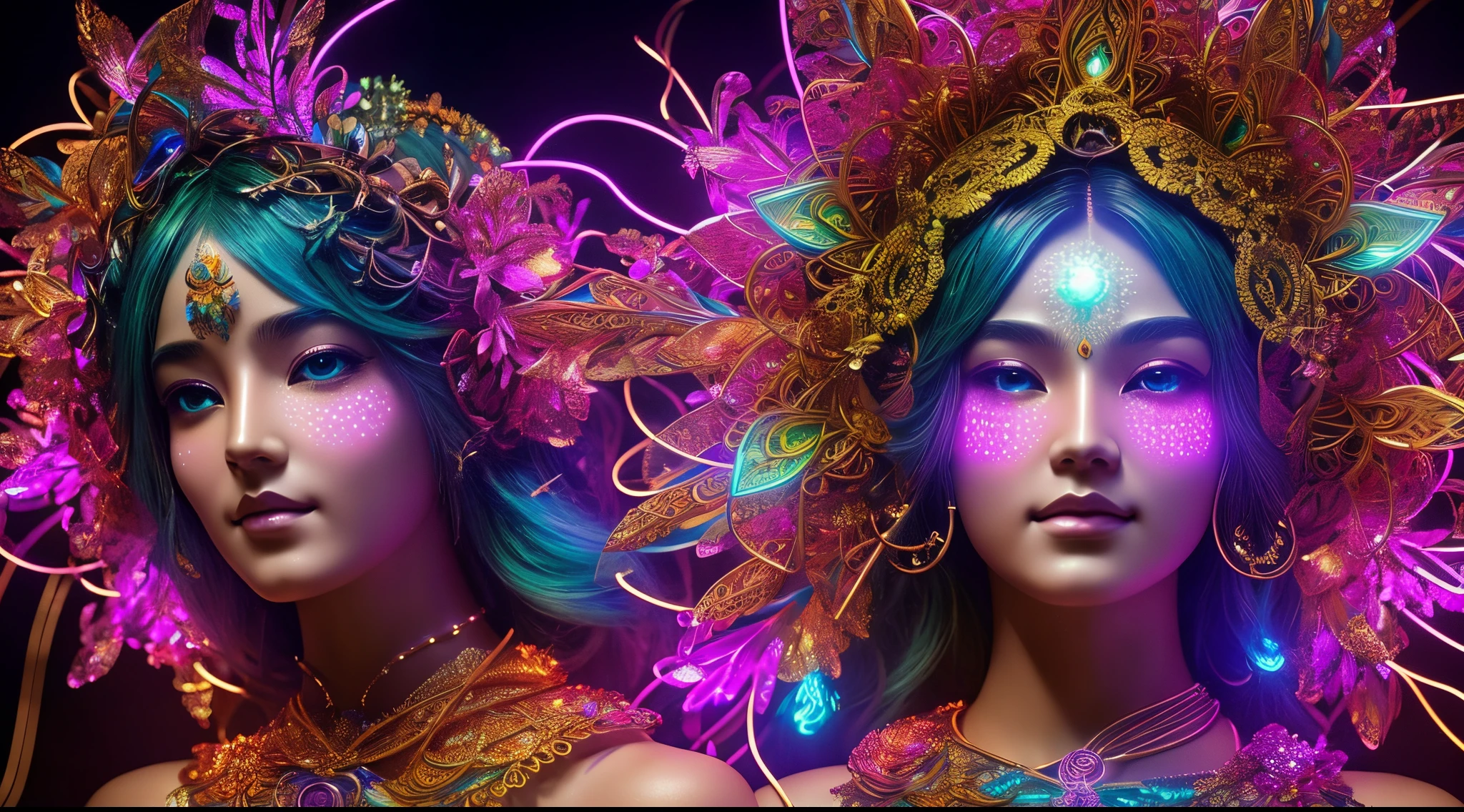 Incredibly vivid, the solarpunk AI deity manifests in striking detail: a digital anime creation combining elements of technology and nature. This captivating image, presented as a digital artwork, showcases a deity-like figure with glowing neon circuits seamlessly integrated into blooming flowers and shimmering leaves. The iridescent metallic skin gleams with a celestial radiance, while intricate fractal patterns pulsate across its serene face. The artwork's impeccable rendering and attention to detail bring this deity to life in a hyper-realistic manner, captivating viewers with its harmonious fusion of futuristic aesthetics and the beauty of the natural world