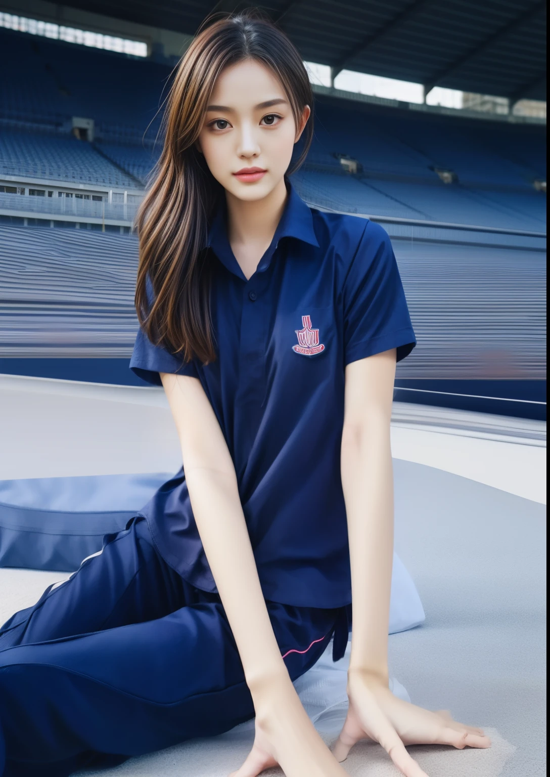 (bestquality,10,10,highres,masterpiece:1.2),ultra-detail,(Realistic,photorealistic portrait,photo-realistic:1.37),1 cute girl sitting on the football field,oily shiny skin,bara,light smile,BDclothelue shirt:1.3)),short sleeves,shirt, trousers.,(navy_long_Pants Track:1.1), ((Stadium Background:1.3)),dynamic angle,excited,face focus,Dynamic Poses,from behide,Ass Focus,masterpiece, bestquality, ultra realistic, hyper-detail, 8k resolution, RAW photo, crisp focus, ((Navy blue shirt:1.1)), short sleeves, Long Path, Perfect body, 2 mature women, 18yo, cinematic light,Blue sweatpants,Gymware,Correct anatomy,Complete body, Correct body, sharp face, Anatomically correct body, full entire body, Realistic gestures, long-haired, Realistic poses,Wear long shorts.......................,Long leg span,Shapely,Sculpting Girl, Slender Figure, mannequin mannequins, Shapely, Beautiful body,Blue sweatpants