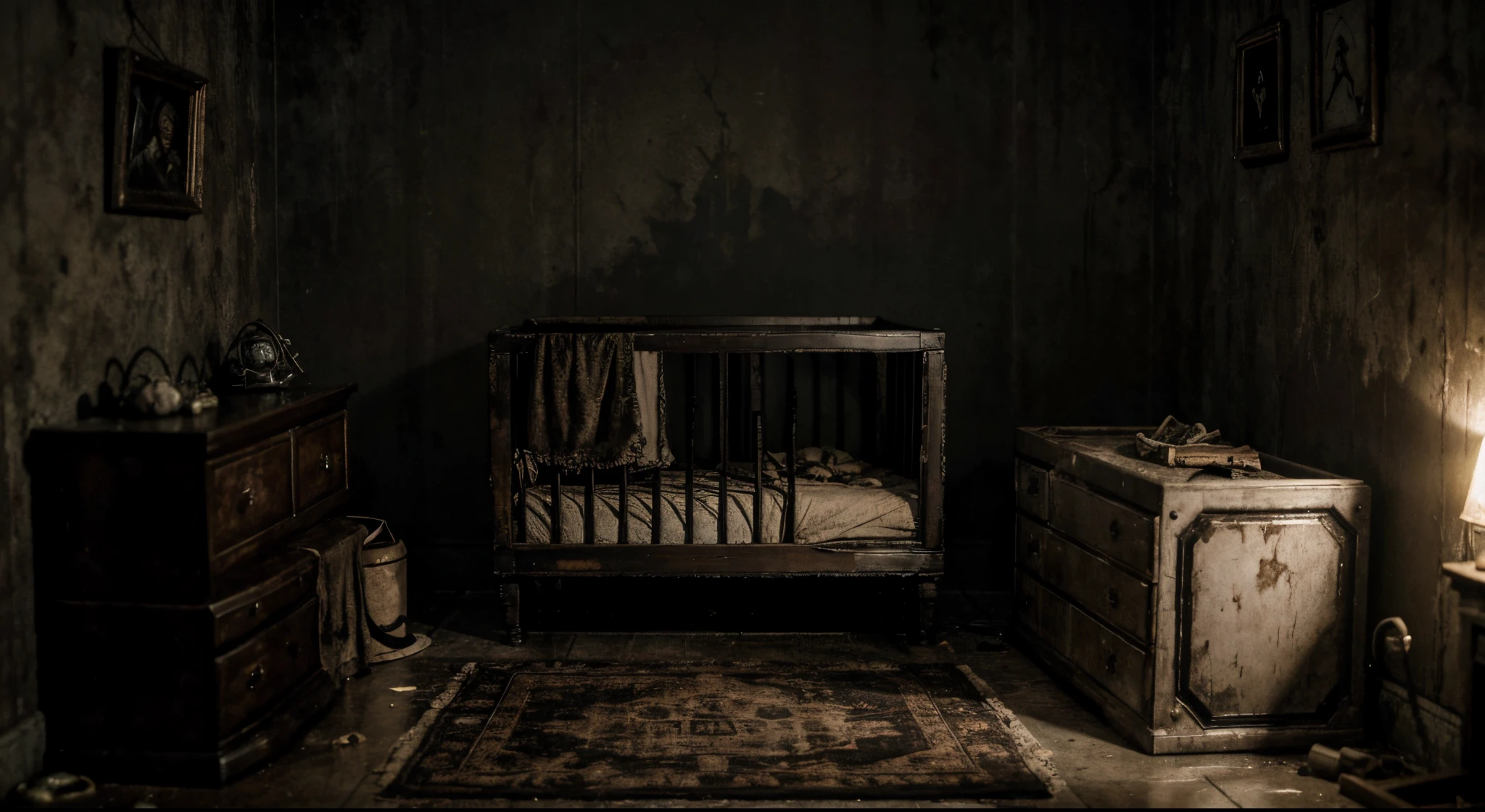 Resident Evil and Alone in the Dark style post-apocalyptic setting, terror ultra realista, quarto com uma tv antiga fora de sintonia, brinquedos quebrados, Anabelle-style dolls and an ancient cursed crib, with a broken baby. Different viewing angles.
