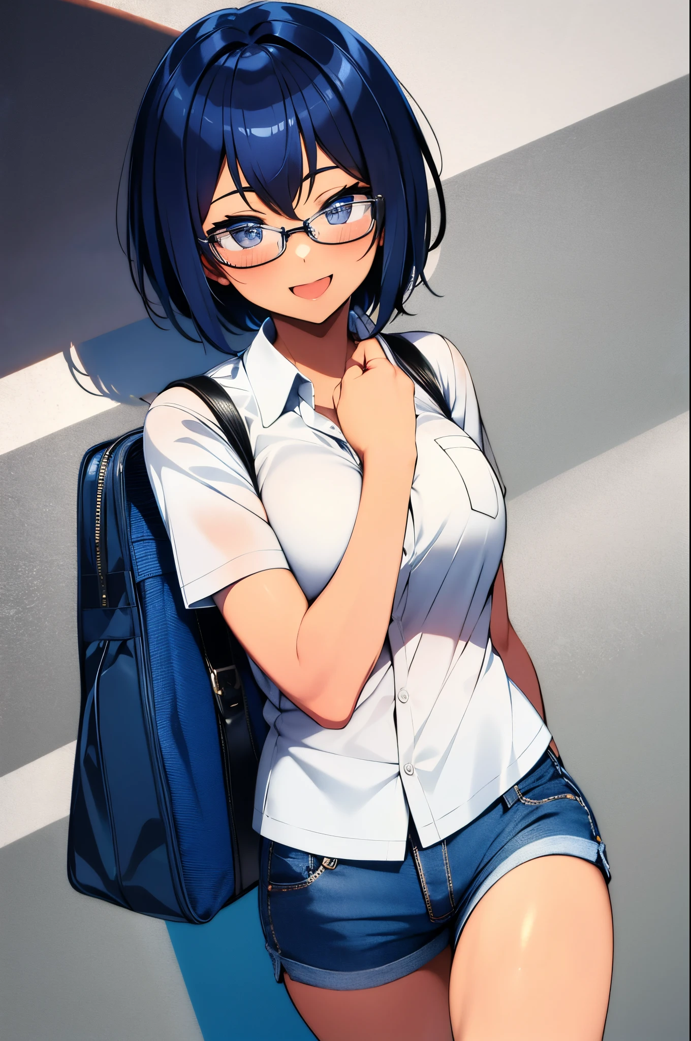 michirutojo, white shirt, collared shirt, short sleeves, looking at viewer, denim shorts, glasses, smile, wink, open mouth, blush