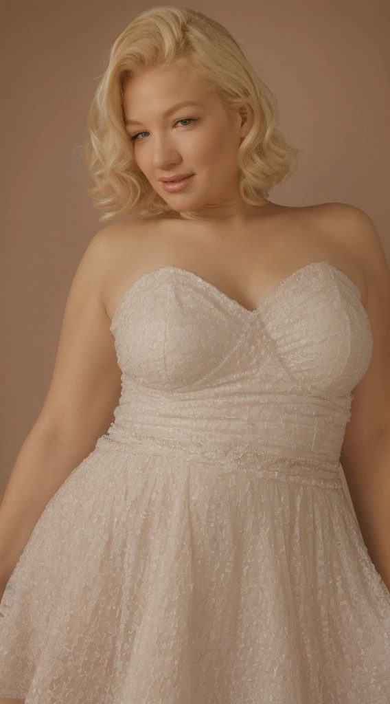 blond woman with alluring eyes and a white strapless dress on, this person does not exist, mouth slightly open, french facial features, mature facial features, 40 years old, plus sized woman, buxom, plump, shapely, voluptuous figure, marilyn monroe-jenna elfman-lainie kazan-kelly clarkson-renée zellweger-courtney love-linda hamilton merged, entire body visible, full body, hyperrealistic, best quality, 8K, masterpiece, extremely intricate, detailed eyes, detailed face, detailed body, exaggerated features, pronounced features, fujifilm