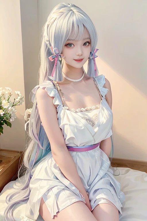 (tmasterpiece), (Best quality), 8K分辨率, 1 Sister, asiagirl, hori&#39;hori&#39;tas&#39;It's breathtakingly beautiful, It's a perfect face, perfect body figure, humongous large breast, 20 years, Clothing that exposes, White silk dress,translucent cleavage dress ，short  skirt，Show your underboob，Prom，Long white hair，high ponytails，Colored eyes，laughing very happily，Background with，Sitting Among the Flowers，Rainbow light