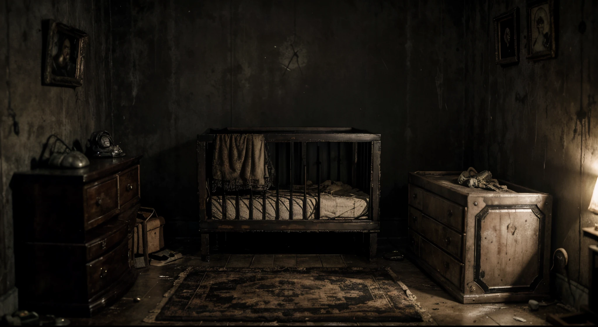 Resident Evil and Alone in the Dark style post-apocalyptic setting, terror ultra realista, quarto com uma tv antiga fora de sintonia, brinquedos quebrados, Anabelle-style dolls and an ancient cursed crib, with a broken baby. Different viewing angles.