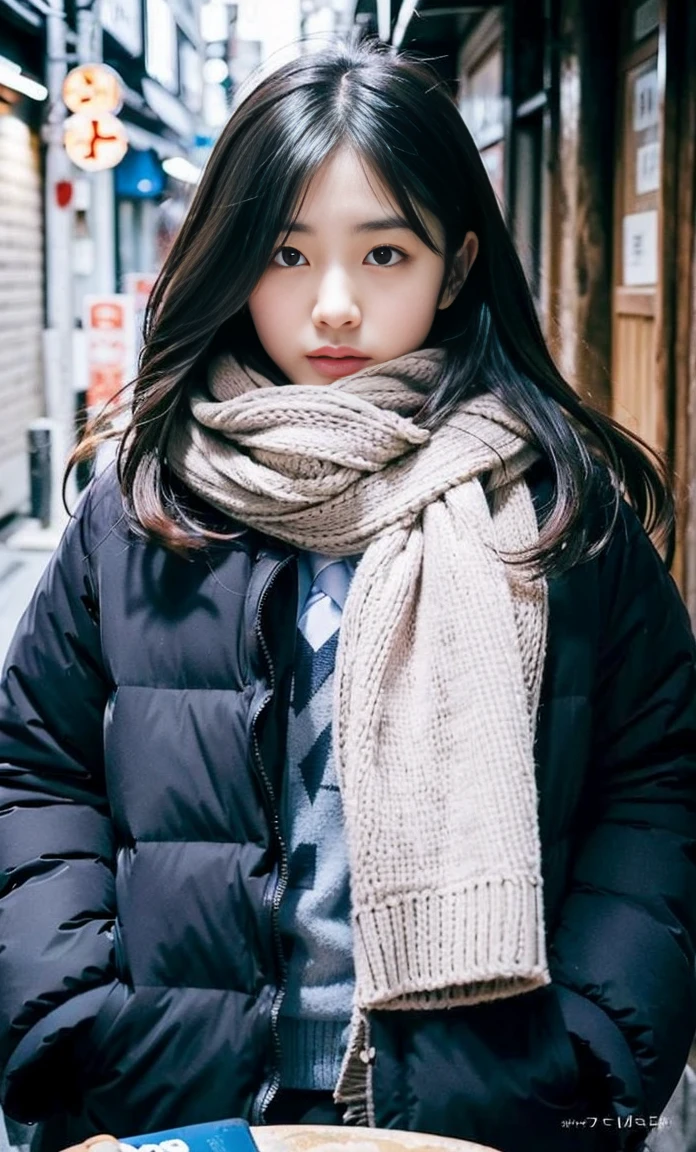 ulzzang -6500-v1.1, (Raw foto:1.2), (Photorealsitic:1.4), a beautiful detailed girl, extremely detailed eye and face, beatiful detailed eyes, Ridiculous, unbelievable Ridiculous, huge filesize, ultra-detailliert, hight resolution, ighly detailed, top-quality, ​masterpiece, Kemomimi, ((bury your face in your scarf)), (((Japan schoolgirl uniform))), ((black puffy down jacket)), illustratio, ighly detailed, nffsw, unification, 8k wallpaper, astonishing, finely detail, ​masterpiece, top-quality, Highly detailed ticker uniform 8K wallpaper, face lights、Cinematographic lighting、1girl in、sixteen years old、(witheout panties)、((FULL BODYSHOT))