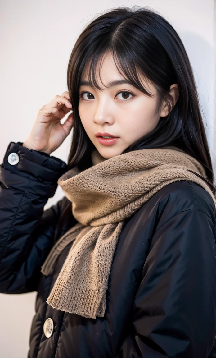 ulzzang -6500-v1.1, (Raw foto:1.2), (Photorealsitic:1.4), a beautiful detailed girl, extremely detailed eye and face, beatiful detailed eyes, Ridiculous, unbelievable Ridiculous, huge filesize, ultra-detailliert, hight resolution, ighly detailed, top-quality, masterpiece, Kemomimi, ((Wearing a scarf around your neck)), ((black puffy down jacket)), (((Japan schoolgirl uniform))), illustratio, ighly detailed, nffsw, unification, 8k wallpaper, astonishing, finely detail, masterpiece, top-quality, Highly detailed ticker uniform 8K wallpaper, face lights、Cinematographic lighting、1girl in、sixteen years old、(witheout panties)、((dynamicposes)))、(camel's toe)、(half)、(Crooked knees and legs sitting)), ((Loose Socks))