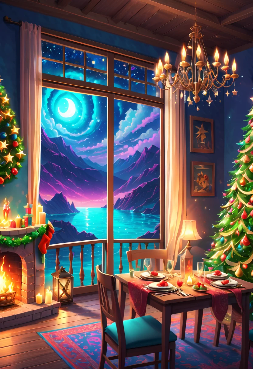 ((Best quality, 8K, A high resolution, tmasterpiece:1.2), ultra - detailed, (actual, realistically:1.37), Vibrant colors, Magical atmosphere, Whimsical, ((room full of stars，The stars shine))，((Vector illustration style)), The room is decorated with a strong Christmas atmosphere. A string of shining colored lights hangs on the wall, Christmas wreath and little snowman on the windowsill, In the corner of the room stands a beautifully decorated Christmas tree. On a table, There are beautiful cutlery and red plates. In the center of the table, Have a sumptuous Christmas feast, Next to it is a bottle of red wine and two exquisite wine glasses. (((A male and female couple wearing Christmas costumes cuddling together))), Smiling and looking at each other，Eyes full of happiness and warmth. There are several scented candles lit in the room, It exudes a faint fragrance. Warm fire burning in the fireplace, Brings warmth and comfort to the entire room, Surreal, Psychedelic, Complicated details, Beautiful texture, Ethereal, like a dream, Soft glowing light, Charming Patterns, Fantasy creatures, Hidden surprises, dreamlike landscapes, Surreal color palette, Mystic aura, hyper realisitc, Enchanting journey, psychedelic trip, vivid imagination, immersive experience, Mysterious Christmas, otherworldly charm, glowing paths, Light up a magical Christmas, surreal sky, Whimsical themed festivals, a magical encounter, Fascinating artwork, Elegantly against a celestial background of epic trance waves, Moonlight is ethereal and vibrant, fantasy broken glass tones, Draw multiple strong exposure effects, matte painting photo painting, Stunningly superior clarity and unparalleled clarity, Stunning details that seem almost unrealistic, Stunning details that are extremely captivating, Stroke technique，Exquisite details，Very unreal, Amazing brushstroke skills, Exquisite details are unrealistic, Gel ink craft dark teal multicolor, Crazy beautiful light, Add eye-catching high-contrast scenes, Overall stunning and beautiful, The entire process was very accurate and detailed, (Medieval Ninja Inspired Gouache Masterpiece:1.1), crazy glowing hair, (Mysterious sci-fi paint:1.1),