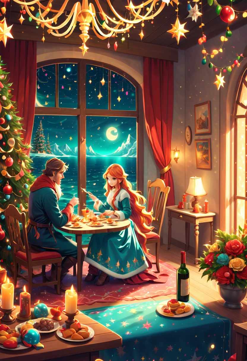 ((Best quality, 8K, A high resolution, tmasterpiece:1.2), ultra - detailed, (actual, realistically:1.37), Vibrant colors, Magical atmosphere, Whimsical, ((room full of stars,The stars shine)),((Vector illustration style)), The room is decorated with a strong Christmas atmosphere. A string of shining colored lights hangs on the wall, Christmas wreath and little snowman on the windowsill, In the corner of the room stands a beautifully decorated Christmas tree. On a table, There are beautiful cutlery and red plates. In the center of the table, Have a sumptuous Christmas feast, Next to it is a bottle of red wine and two exquisite wine glasses. (((A male and female couple wearing Christmas costumes cuddling together))), Smiling and looking at each other,Eyes full of happiness and warmth. There are several scented candles lit in the room, It exudes a faint fragrance. Warm fire burning in the fireplace, Brings warmth and comfort to the entire room, Surreal, Psychedelic, Complicated details, Beautiful texture, Ethereal, like a dream, Soft glowing light, Charming Patterns, Fantasy creatures, Hidden surprises, dreamlike landscapes, Surreal color palette, Mystic aura, hyper realisitc, Enchanting journey, psychedelic trip, vivid imagination, immersive experience, Mysterious Christmas, otherworldly charm, glowing paths, Light up a magical Christmas, surreal sky, Whimsical themed festivals, a magical encounter, Fascinating artwork, Elegantly against a celestial background of epic trance waves, Moonlight is ethereal and vibrant, fantasy broken glass tones, Draw multiple strong exposure effects, matte painting photo painting, Stunningly superior clarity and unparalleled clarity, Stunning details that seem almost unrealistic, Stunning details that are extremely captivating, Stroke technique,Exquisite details,Very unreal, Amazing brushstroke skills, Exquisite details are unrealistic, Gel ink craft dark teal multicolor, Crazy beautiful light, Add eye-catching high-contrast scenes, Overall stunning and beautiful, The entire process was very accurate and detailed, (Medieval Ninja Inspired Gouache Masterpiece:1.1), crazy glowing hair, (Mysterious sci-fi paint:1.1),