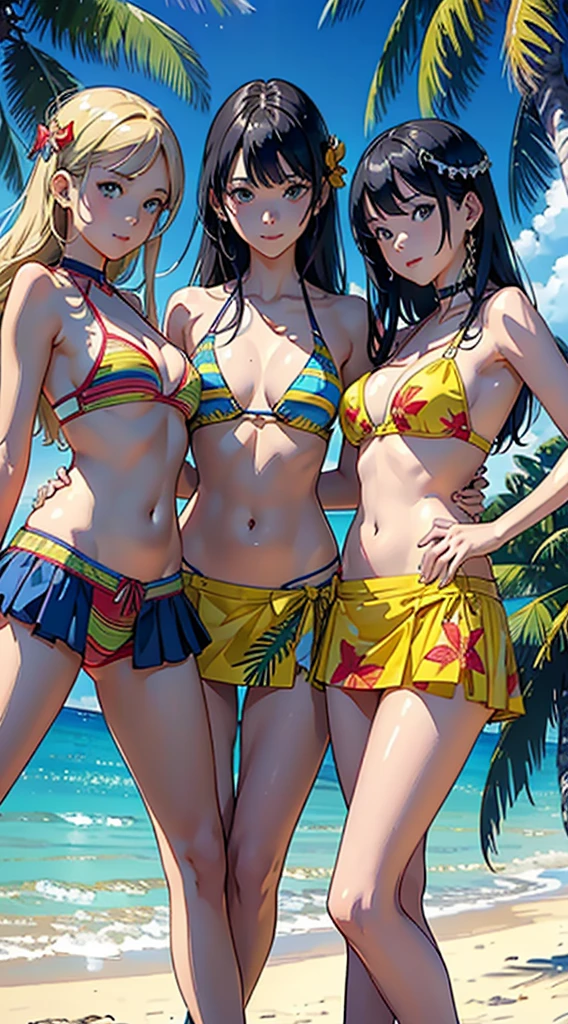 ​masterpiece、top-quality、超A high resolution、 [ 4 k digital art ]!!、 8k high quality detailed art、Wallpaper、 Detailed Digital Anime Art、Realisticity、Cinema Angle、hposing Gravure Idol、(((Three Beautiful Girls)))、((Three people holding hands))、cute  face、 ((Detailed depiction of a beautiful face))、kindly smile、年轻、Bikini swimwear、Photorealistic perfect body、(Bold ethnic patterns wrapped around the waist and skirt and plenty of primary colors)、light Particle、llight rays、Tropical、Against the background of palm trees on both sides、on a sunny beach、Against the background of the sea、blur backgroun、