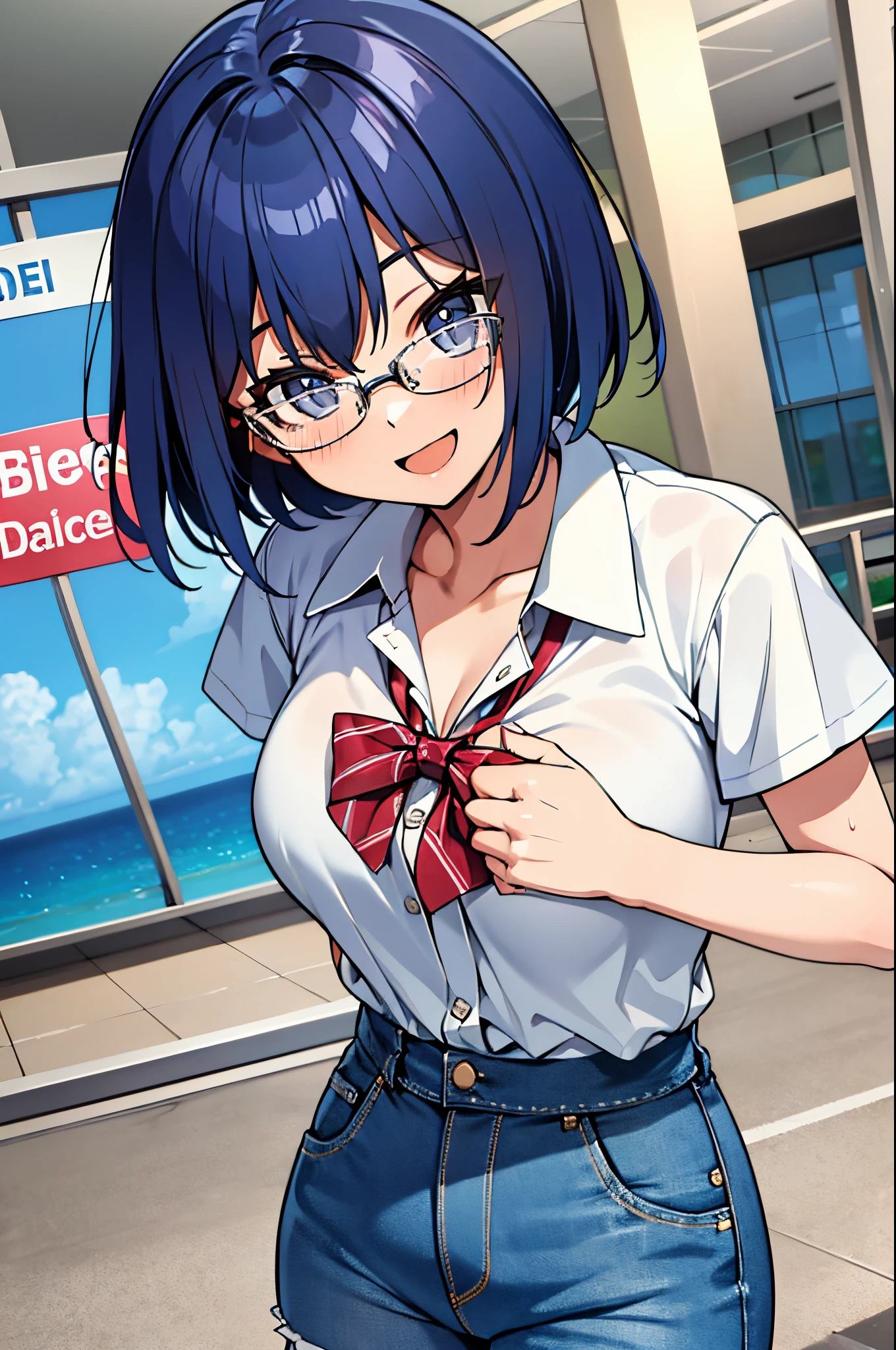 michirutojo, white shirt, collared shirt, short sleeves, looking at viewer, denim shorts, glasses, smile, wink, open mouth, blush