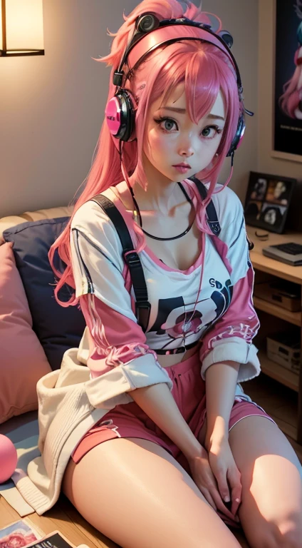 (highres,photorealistic)A girl listening to Japanese music on Spotify, sitting in her room. She has vibrant pink hair and is wearing a cute anime-inspired outfit. The room is filled with posters of her favorite J-Pop bands and an aesthetic neon light sign that says "Music is my life" in kanji. The girl is holding her headphones, completely immersed in the music. The lighting in the room is warm, creating a cozy atmosphere. The colors in the artwork are vibrant and the details are extremely fine and realistic.