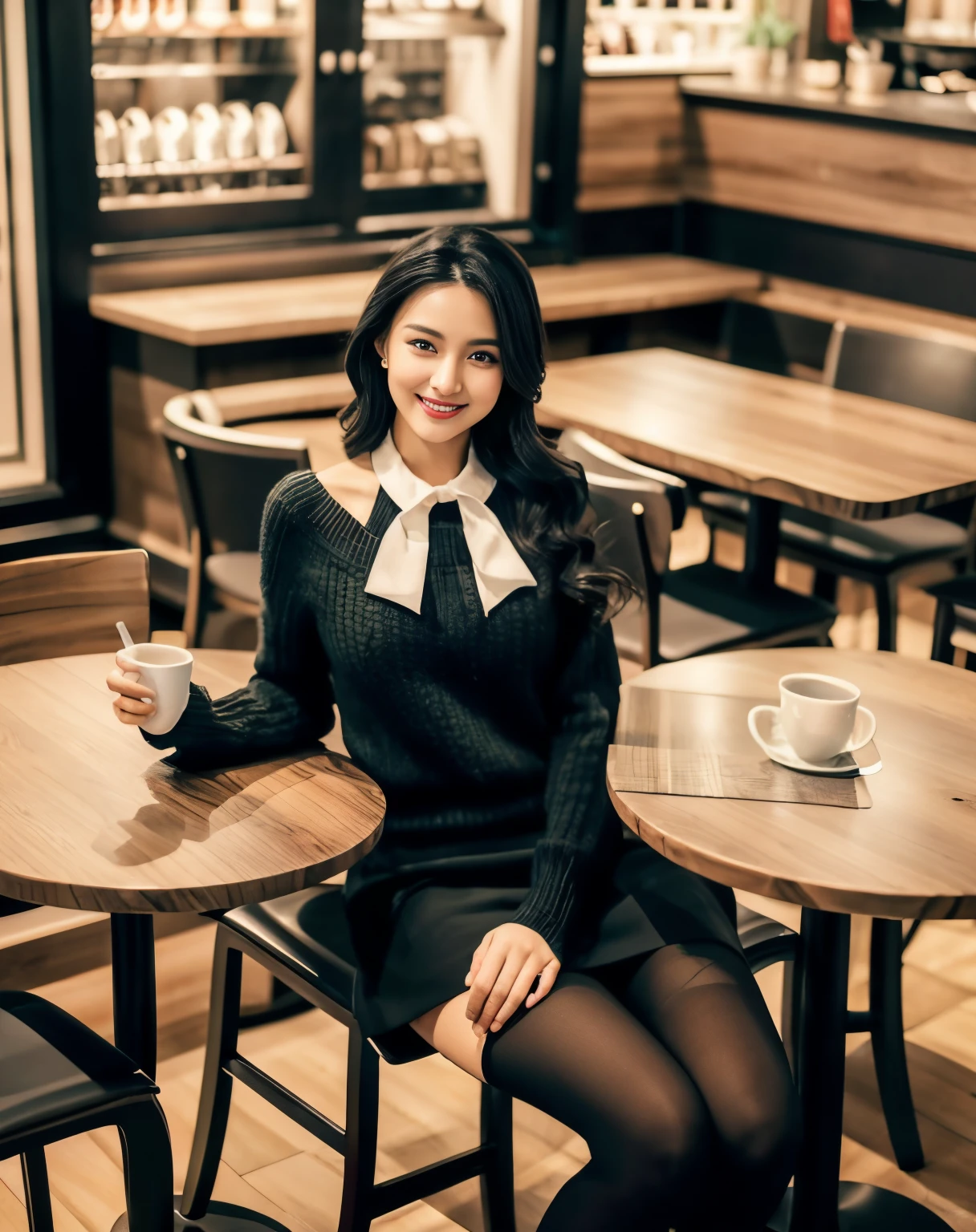 8k uhd, dslr,film grain, Fujifilm XT3,(best quality:1.3), (masterpiece:1.1), high resolution, cinematic light, intricate details, (photorealistic),beautiful inside, sitting in cofee shop, sitting on chair, table in front, coffee cup on table, cafe coffee day branding in background
Indian girl,(in cafe:1.5) , dimples, long black hair, looking at viewer, detailed trees, ribbons, bowties, bare shoulders, ribbed sweater,
pencil skirt, high-waist skirt, head rest, sitting, indoors, photo capture from away
necklace,black pantyhose, sheet transportation sweater, (smile),(full body:1.6),slender,