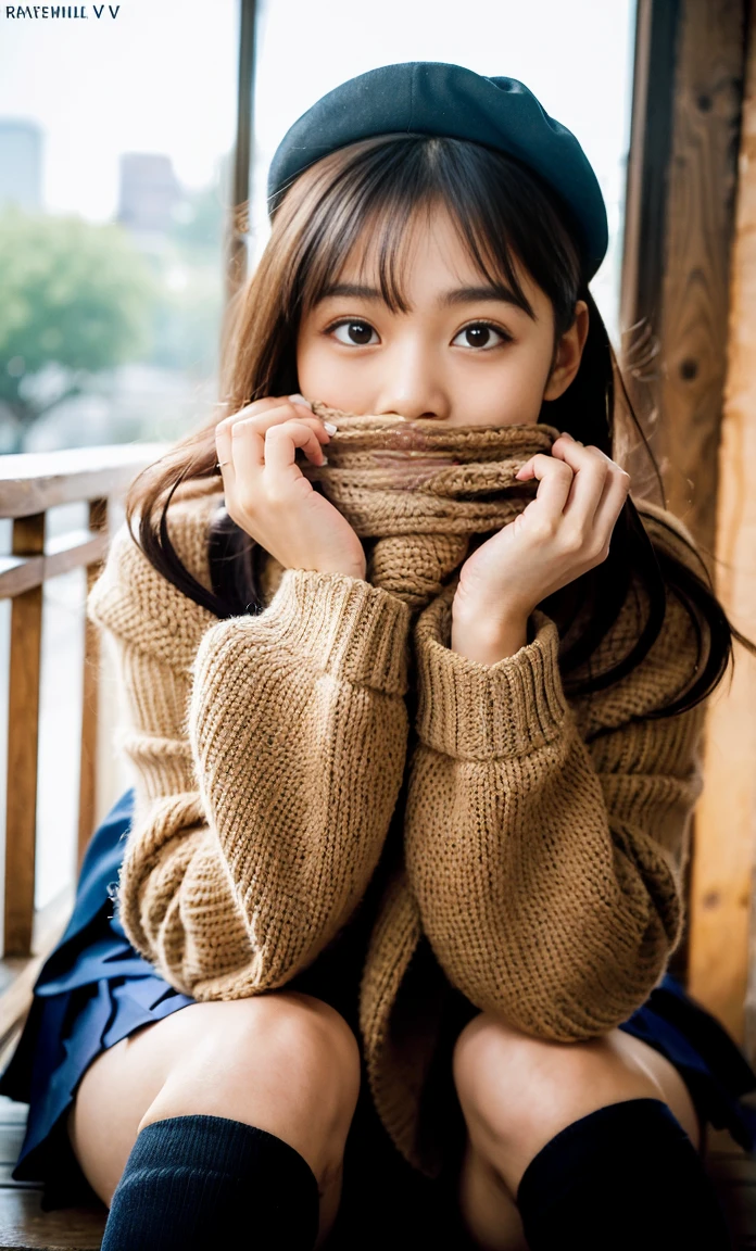 ulzzang -6500-v1.1, (Raw foto:1.2), (Photorealsitic:1.4), a beautiful detailed girl, extremely detailed eye and face, beatiful detailed eyes, Ridiculous, unbelievable Ridiculous, huge filesize, ultra-detailliert, hight resolution, ighly detailed, top-quality, masterpiece, Kemomimi, ((bury your face in your scarf)), (((Japan schoolgirl uniform))), illustratio, ighly detailed, nffsw, unification, 8k wallpaper, astonishing, finely detail, masterpiece, top-quality, Highly detailed ticker uniform 8K wallpaper, face lights、Cinematographic lighting、1girl in、sixteen years old、(witheout panties)、((dynamicposes)))、(camel's toe)、(half)、(Crooked knees and legs sitting))