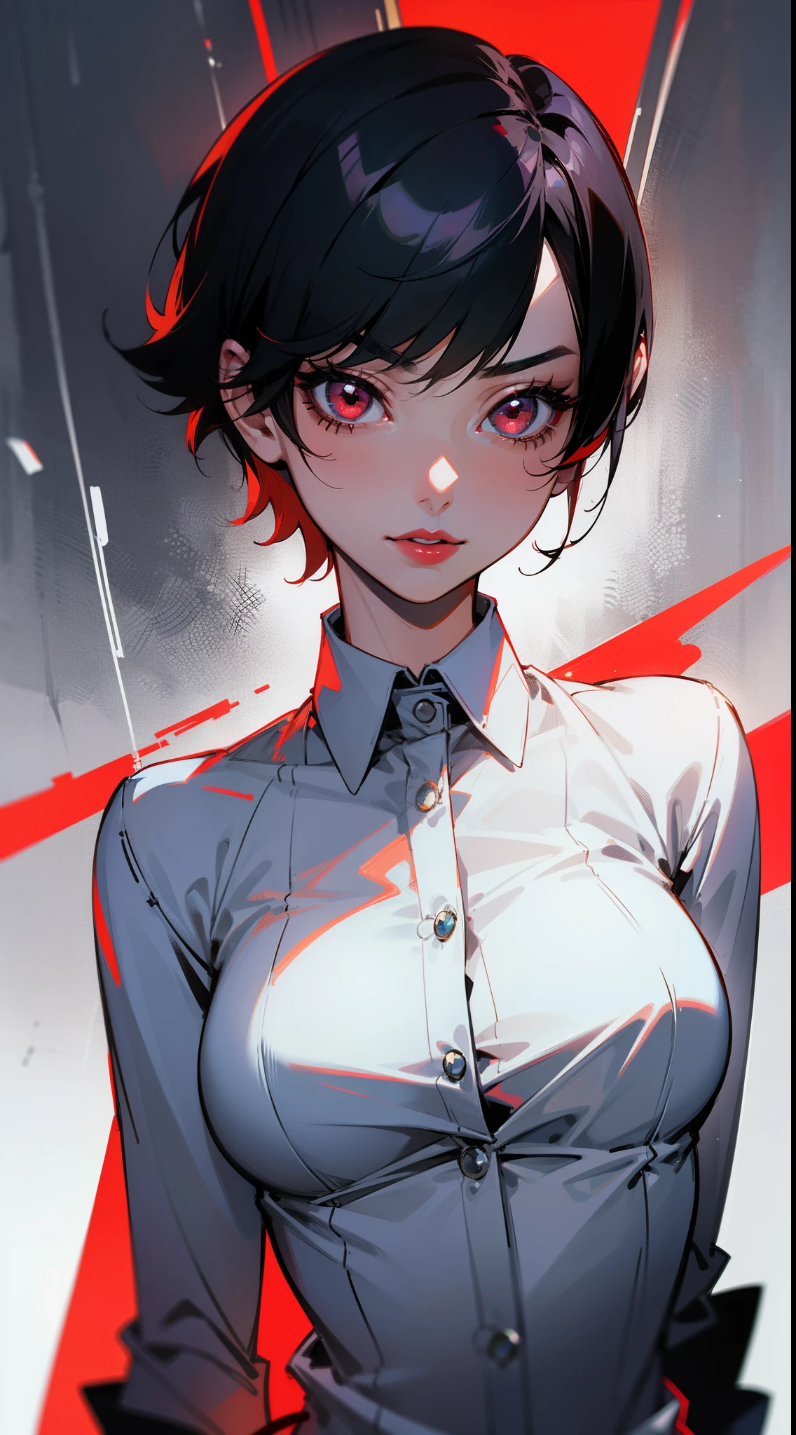 {8k image}, 1girl (solo), beautiful woman, 23 years old, black short hair (pixie cut), red eyes, red lipstick, medium breasts, wearing a formal shirt, looking at the viewer with a sexy expression, facing te camera, {face portrait}, just face and chest pic, {centered image}, no background, manga art style, lineart