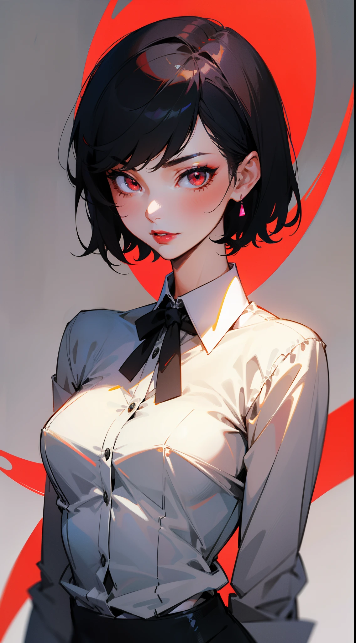 {8k image}, 1girl (solo), beautiful woman, 23 years old, black short hair (pixie cut), red eyes, red lipstick, medium breasts, wearing a formal shirt, looking at the viewer with a sexy expression, facing te camera, {face portrait}, just face and chest pic, {centered image}, no background, manga art style, lineart