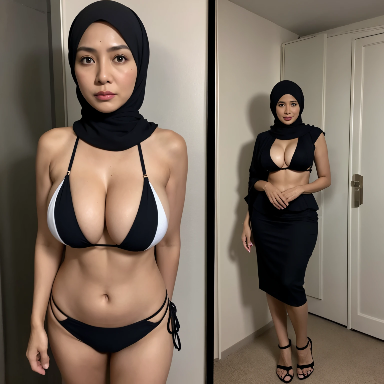 52 years Old, Hijab Indonesian mature woman, Big Tits, Full body, Slim body, Bikini, Breast about To burst out, at doctor office, Dark light, at Nighttime
