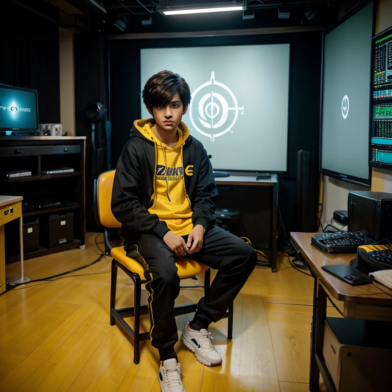 anime boy character sitting on a chair behind a table in studio his shirt color is yellow wearing black hoddie with loads of futuristic gadgets "standing" Pakistani