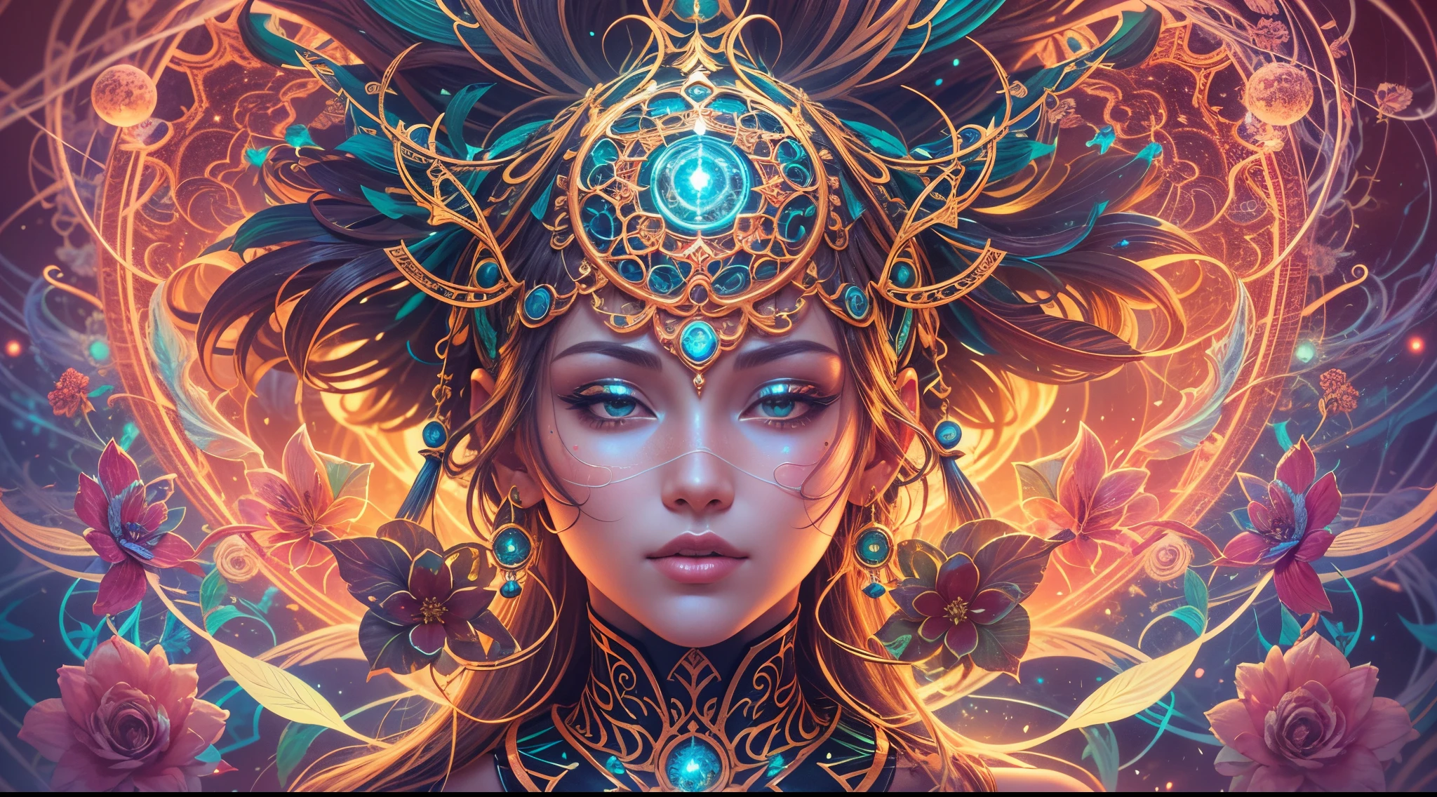 Incredibly vivid, the solarpunk AI deity manifests in striking detail: a digital anime creation combining elements of technology and nature. This captivating image, presented as a digital artwork, showcases a deity-like figure with glowing neon circuits seamlessly integrated into blooming flowers and shimmering leaves. The iridescent metallic skin gleams with a celestial radiance, while intricate fractal patterns pulsate across its serene face. The artwork's impeccable rendering and attention to detail bring this deity to life in a hyper-realistic manner, captivating viewers with its harmonious fusion of futuristic aesthetics and the beauty of the natural world