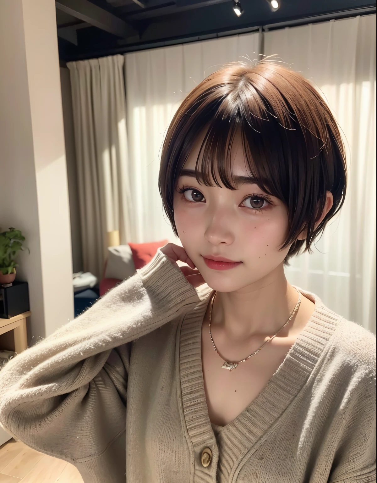 ((top-quality))、(​masterpiece:1.4)、Raw photography、8K、((Top image quality))、 ((hight resolution))、Beautiful face in every detail、Realistic human skin、Gentle expression、(One lady:1.3 )、realisitic、Photorealsitic、(rather short hair:1.3)、(Beautuful Women)、(Cute Japan Girl:1.3)、(boyish:1.3)、((mannish))、((Pretty Woman))、(Beautiful hair)、((dark brown  hair))、(((Red cheeks)))、((Her eyes are big))、20-year-old beauty、(her face is small:1.7)、small head、((long neck))、pale skin、Spot-free skin、With bangs、Everyone longs for、japanese beautiful woman、eight heads high、((girlfriend))、(a necklace)、((livingroom))、(Cardigan)、Looking at the camera、smil、Happy look、Oversized clothes、Moe Sleeve、