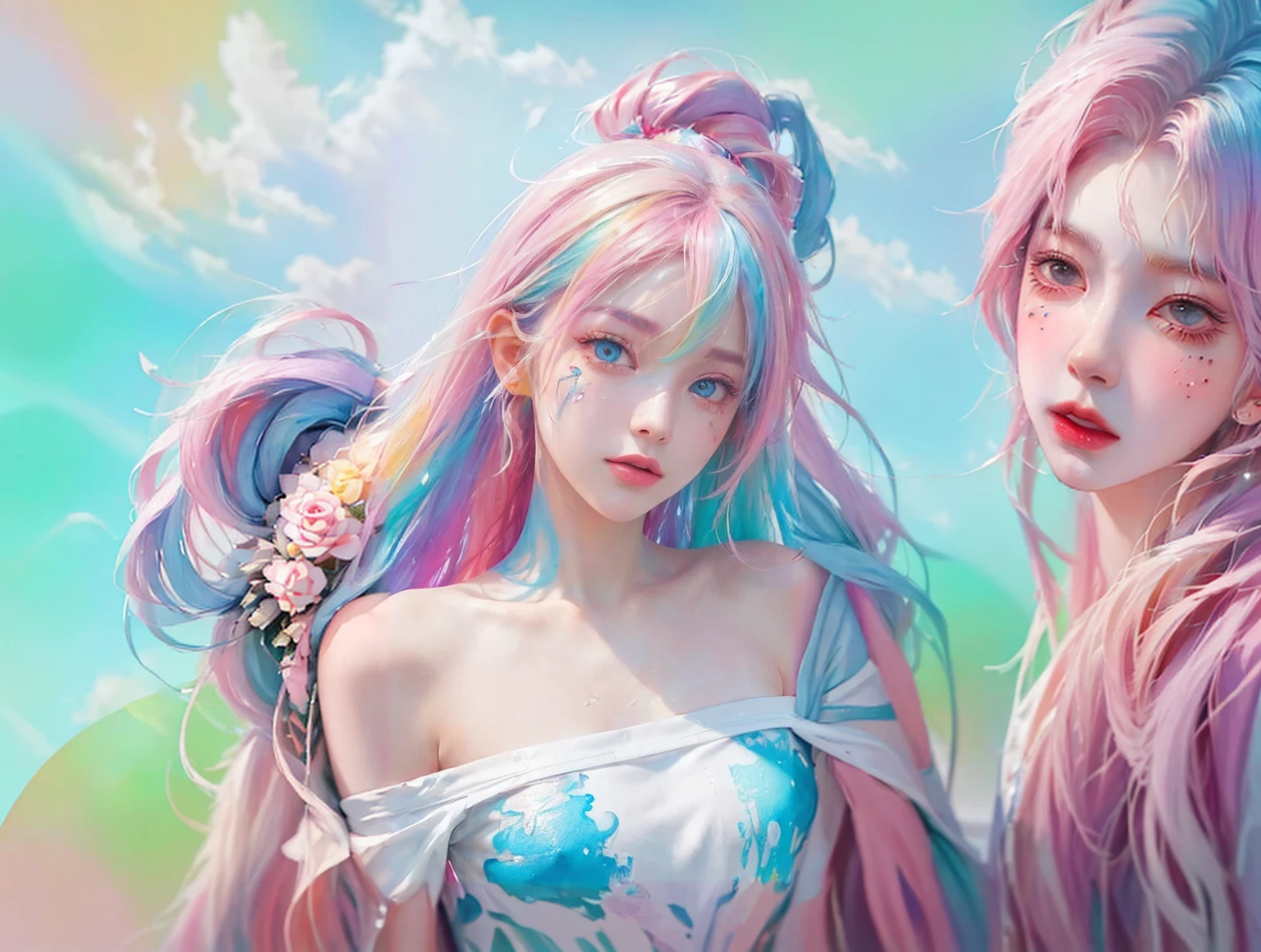 (Pink Fashion T-shirt:1.9),(Colorful hair: 1.8), (all the colours of the rainbow: 1.8),(((((vertical painting:1.6))), (painting:1.6),front, comics, illustrations, paintings, large eyes, crystal clear eyes,( rainbow color gradient high ponytail:1.7), exquisite makeup, open mouth,(Small Fresh: 1.5),(Wipe Chest: 1.6) ,long eyelashes, white off shoulder T-shirt, White Shoulder Shirt,looking at the audience, large watery eyes, (rainbow colored hair:1.6), color splash, (solo:1.8), color splash, color explosion, thick paint style, messy lines, ((shining)),(colorful), (colorful), (colorful), colorful, Thick Paint Style, (Splash) (Color Splash), Vertical Painting, Upper Body, Paint Splash, Acrylic Pigment, Gradient, Paint, Highest Image Quality, Highest Quality, Masterpiece, solo, Depth of Field, Face Paint, colorful clothes, (elegant: 1.2), gorgeous,long hair, wind, (elegant: 1.3), (Petals: 1.4),(((masterpiece))),(((best quality))),((ultra-detailed)),(illustration),(dynamic angle),((floating)),(paint),((disheveled hair)),(solo),(1girl) , (((detailed anima face))),((beautiful detailed face)),collar,bare shoulders,white hair, ((colorful hair)),((streaked hair)),beautiful detailed eyes,(Gradient color eyes),(((colorful eyes))),(((colorful background))),(((high saturation))),(((surrounded by colorful splashes))),street snap、Overlooking,
