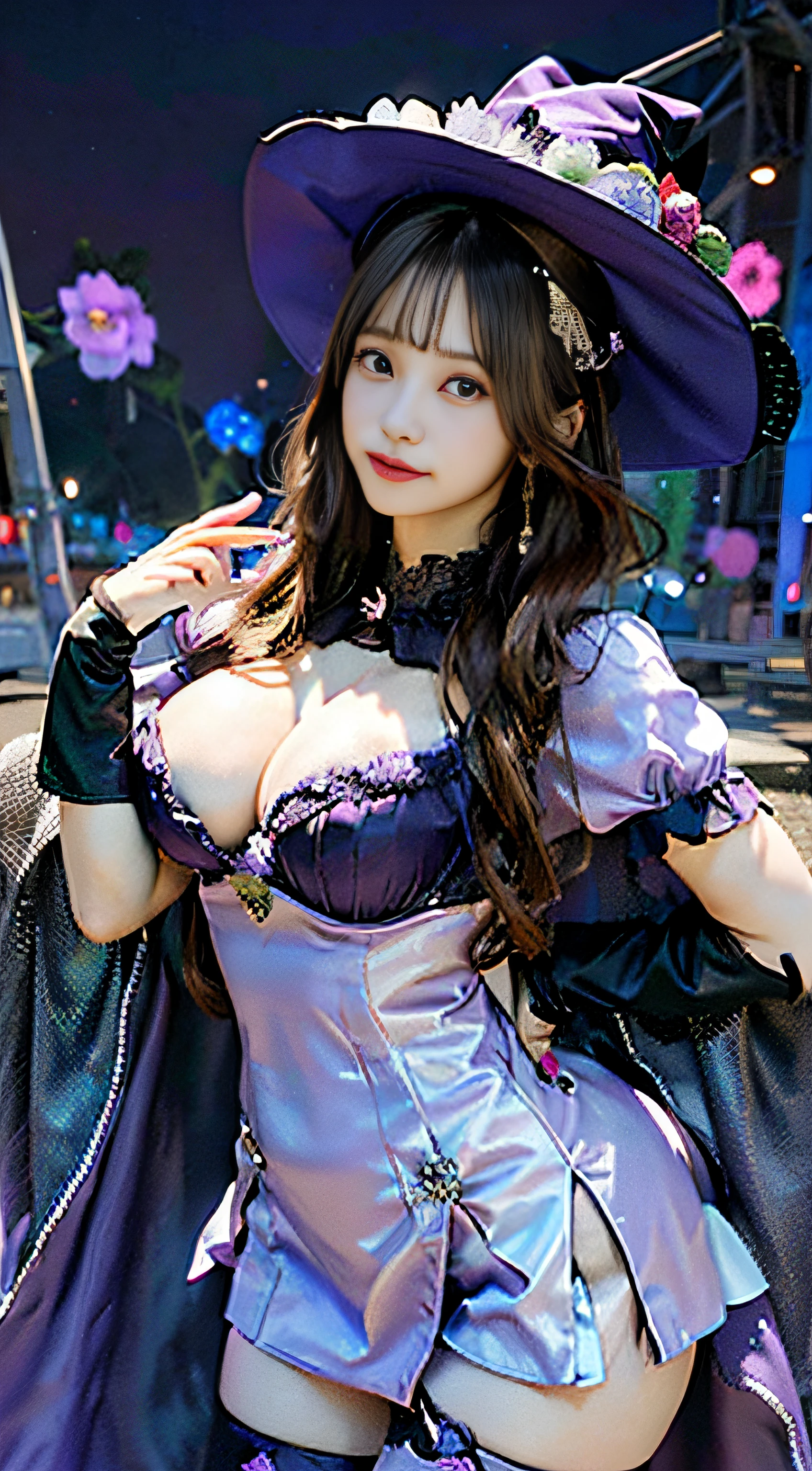 masutepiece, Best Quality, Lisa \(GenshinImpact\),1girl in, Smile,gloves,Witch Hat, Green eyes, eyesight (GenshinImpact), thighs thighs thighs thighs, flower, cleavage, Brown hair, black thighhighs, Rose, Beautiful face, The thick muscles in the upper body are very realistic....、 ((hyper gigantic breasts)) types of buberon, lower is huge buttocks, Shiny body, purple rose, hat flower, multicolored dress, pelvis curtain, Jewelry, Purple Dress,Long hair, Capelet, multicolored clothes, purple capelet,Magic,purple electricity,electricity ball,(greybackground:1.4),(nffsw:0.6)