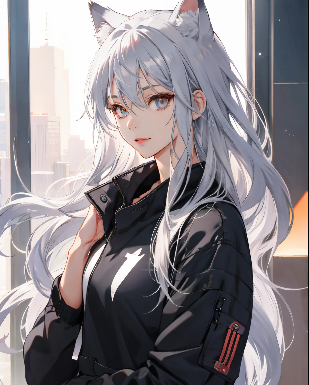 Silver fox, Neko, girl, silver hair, mid-twenties, anime style, peach eyes, long hair