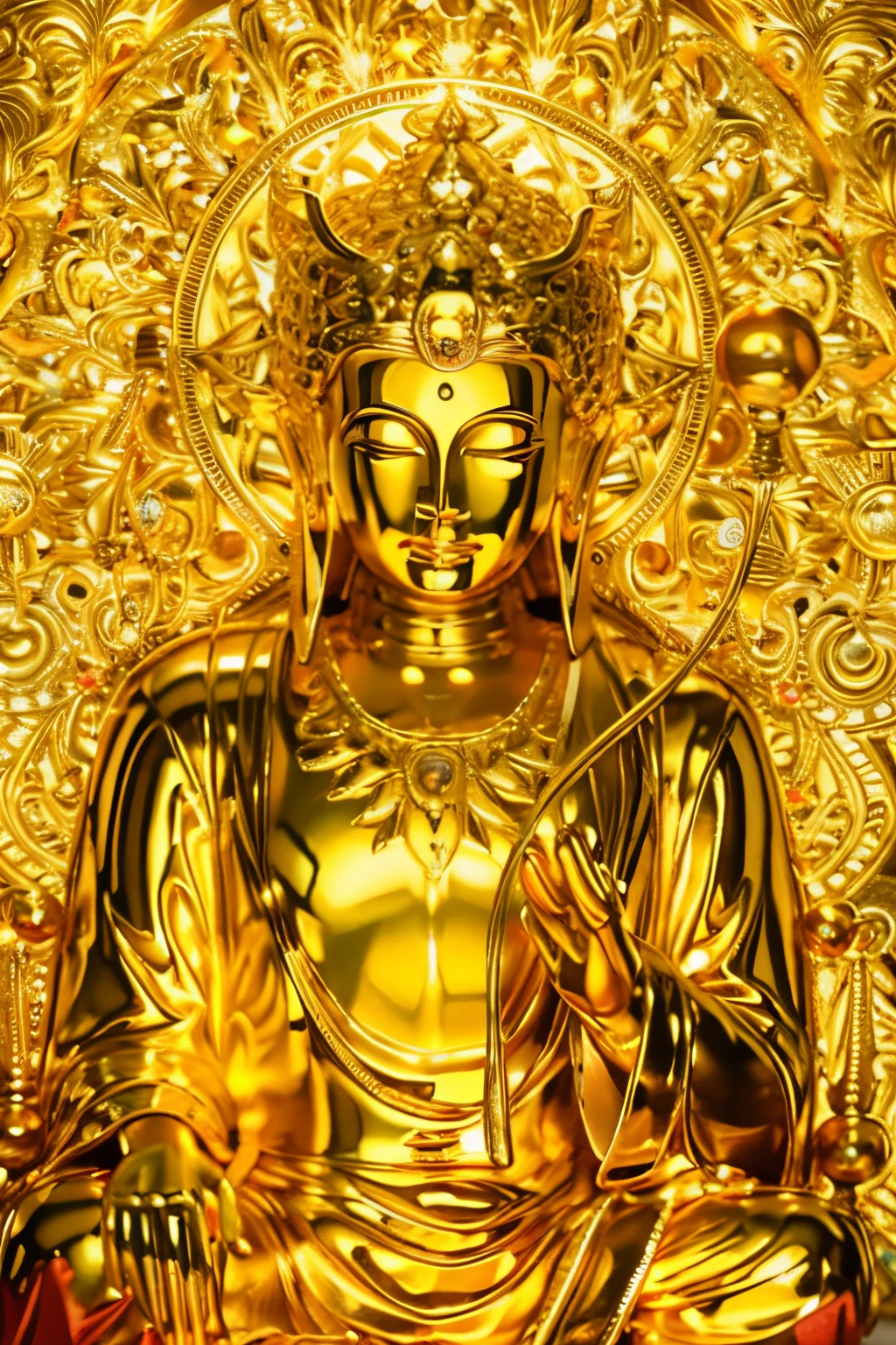 top-quality、in 8K、Golden light、Put your palms together、Calm face、wears golden flame colored jewelry、clear contour、The huge transparent Buddha head is、See the yellow planet in the soil of space，glow effect，OC rendering